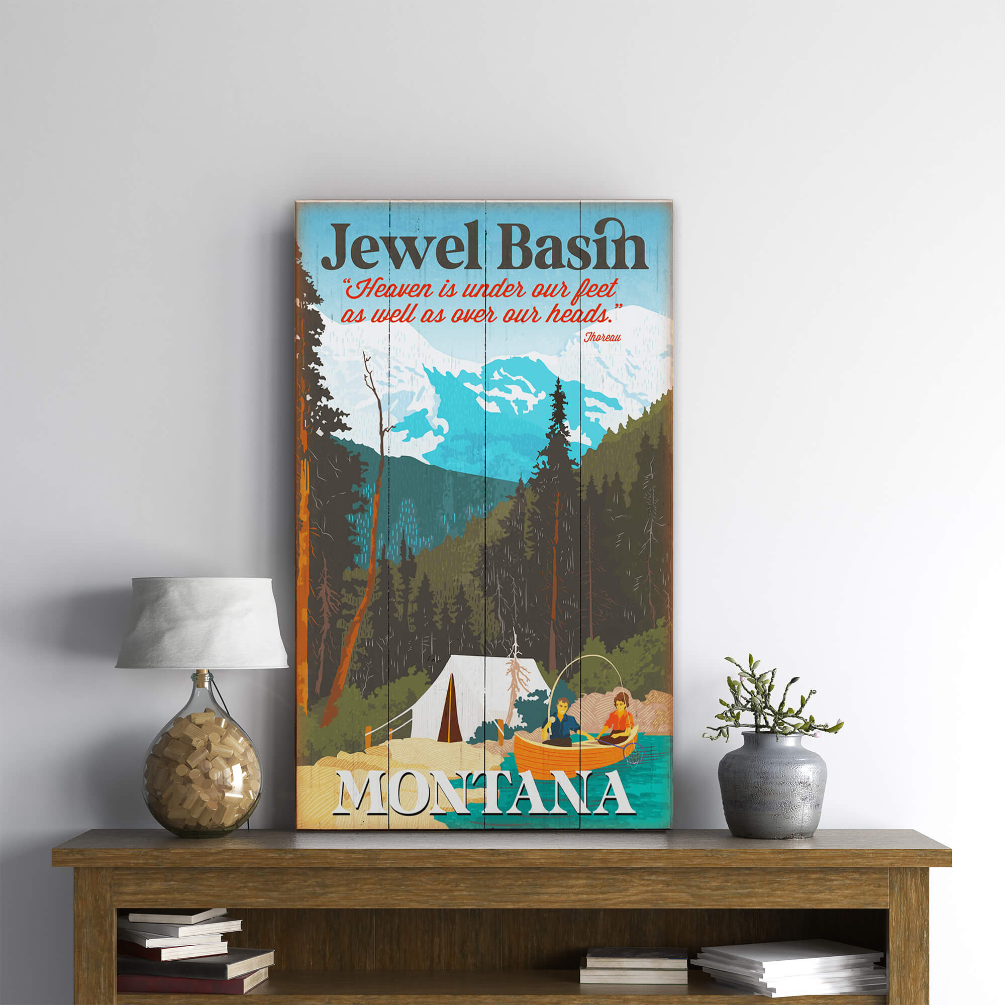 Camping Canoe Couple: With Mountains - Wood & Metal Wall Art