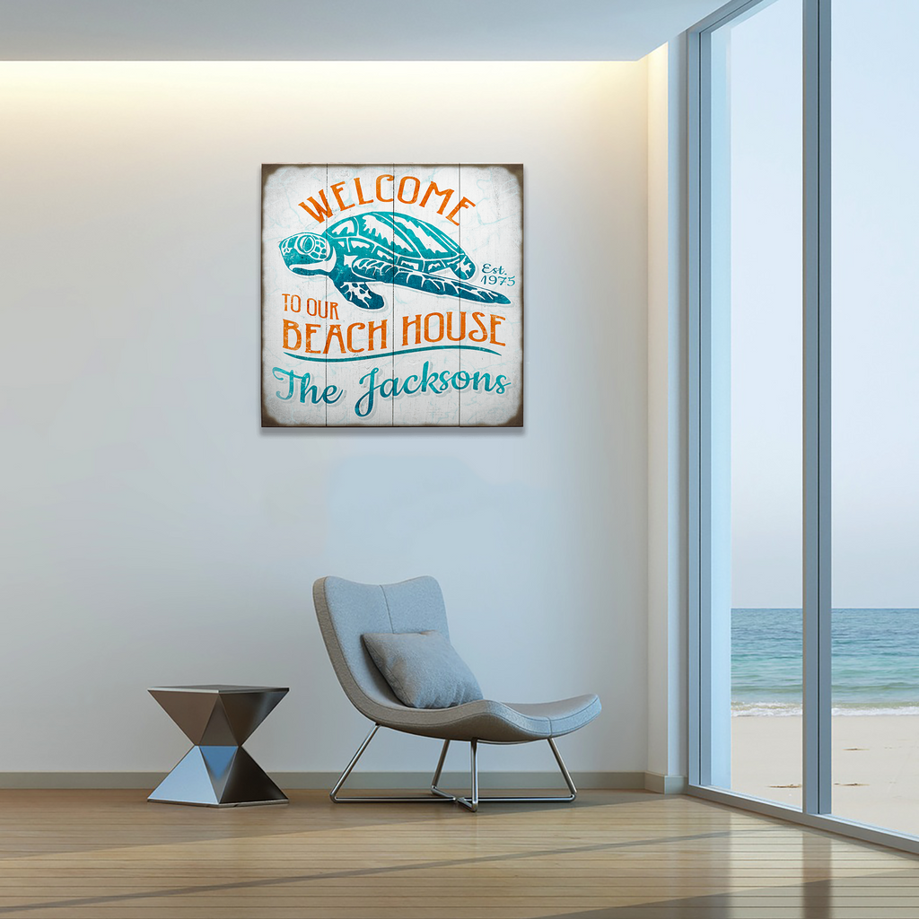 Turtle Beach House - Personalized - Wood & Metal Wall Art