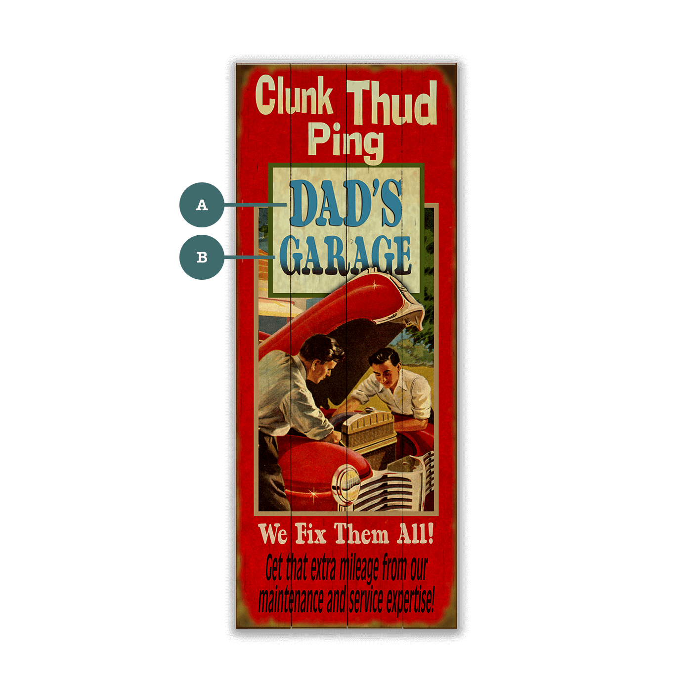 Clunk Thud Ping - Dad's Garage - Wood & Metal Wall Art