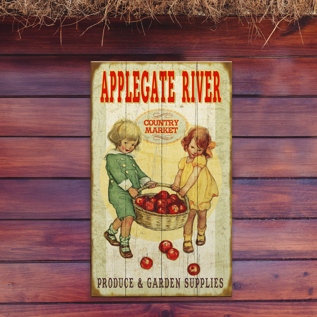 Country Market Kids with Apples - Wood & Metal Wall Art