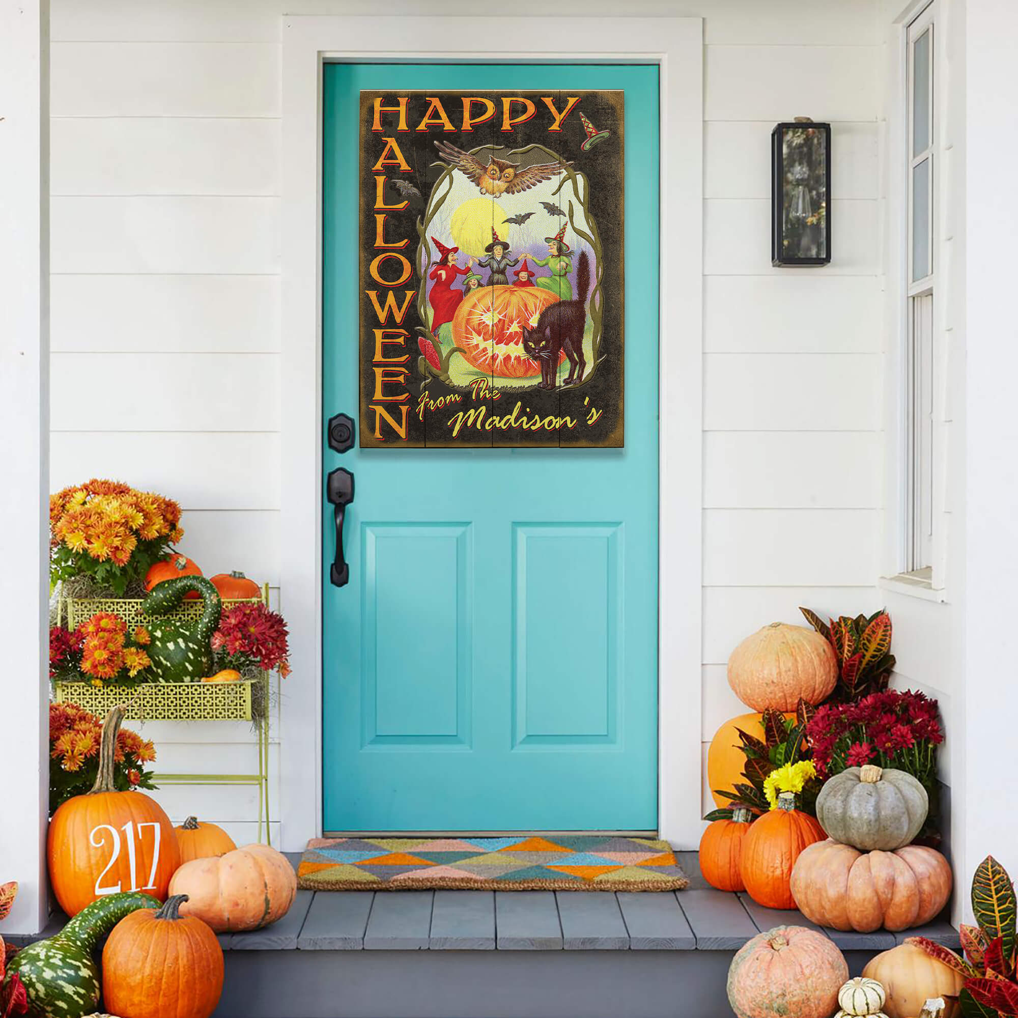 Happy Halloween, Witches and Black Cat - Wood & Metal Wall Art