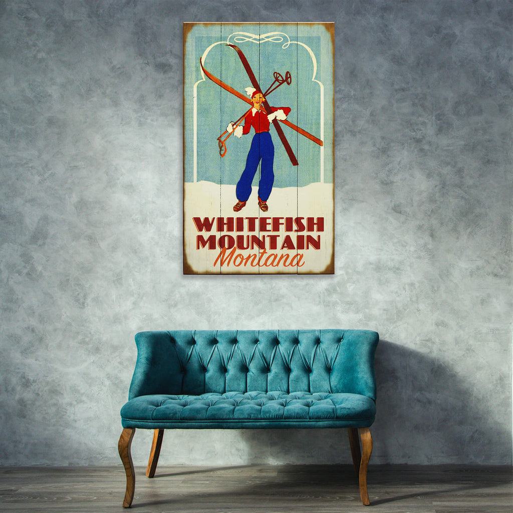 Alpine Glam Girl With Skis - Wood & Metal Wall Art