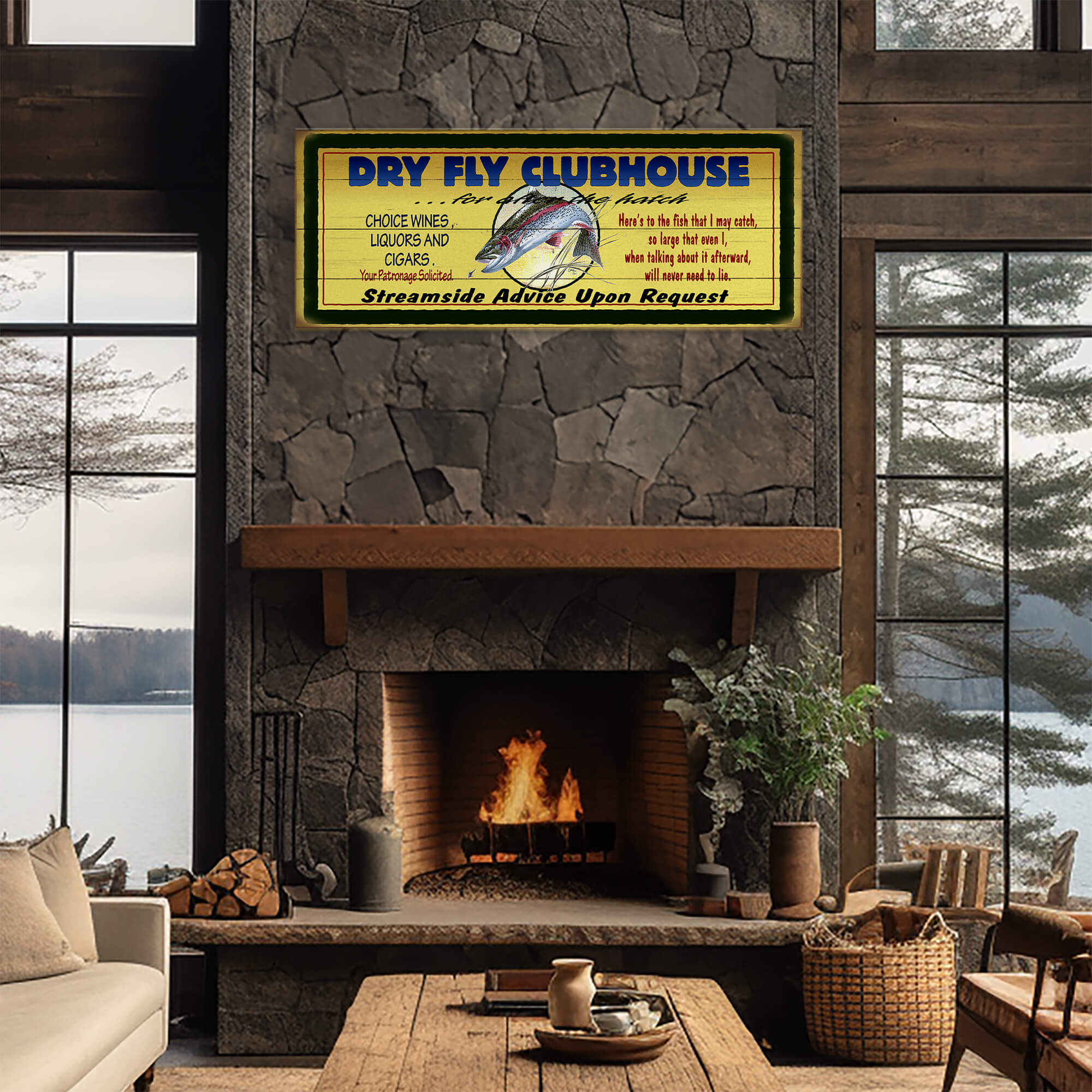 Dry Fly Fisherman's Clubhouse - Wood & Metal Wall Art