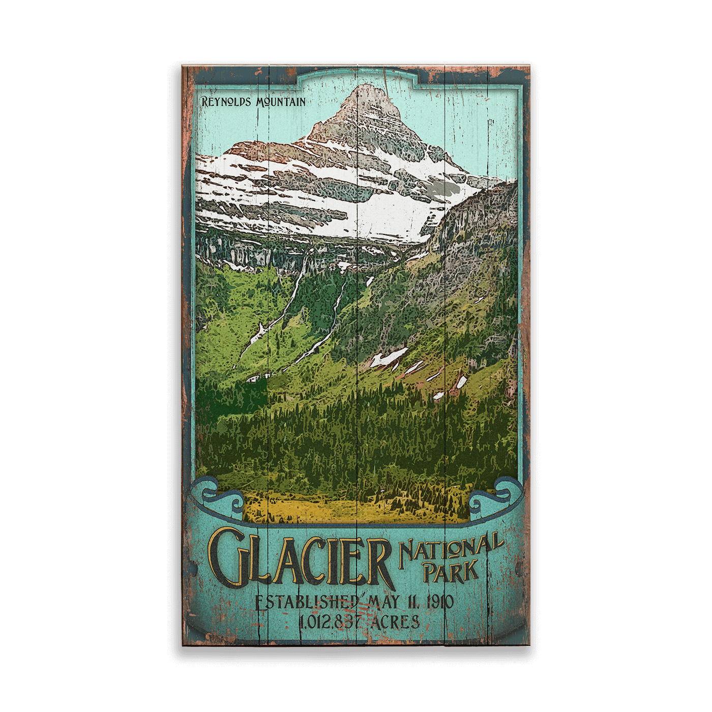 Reynolds Mountain at Glacier National Park: Distressed Finish - Wood & Metal Wall Art