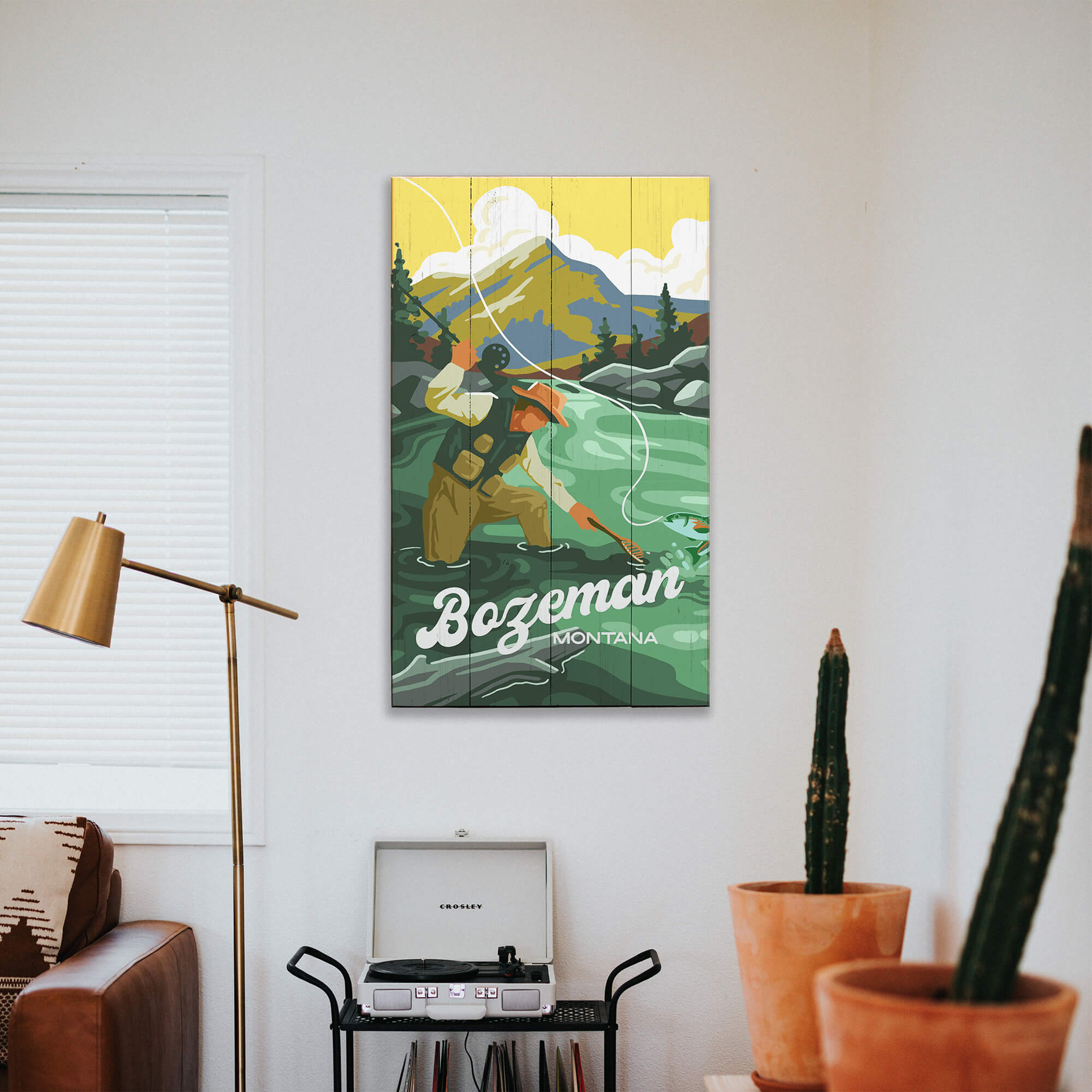Vintage Fly Fishing River Scene: Smooth Finish - Wood & Metal Wall Art