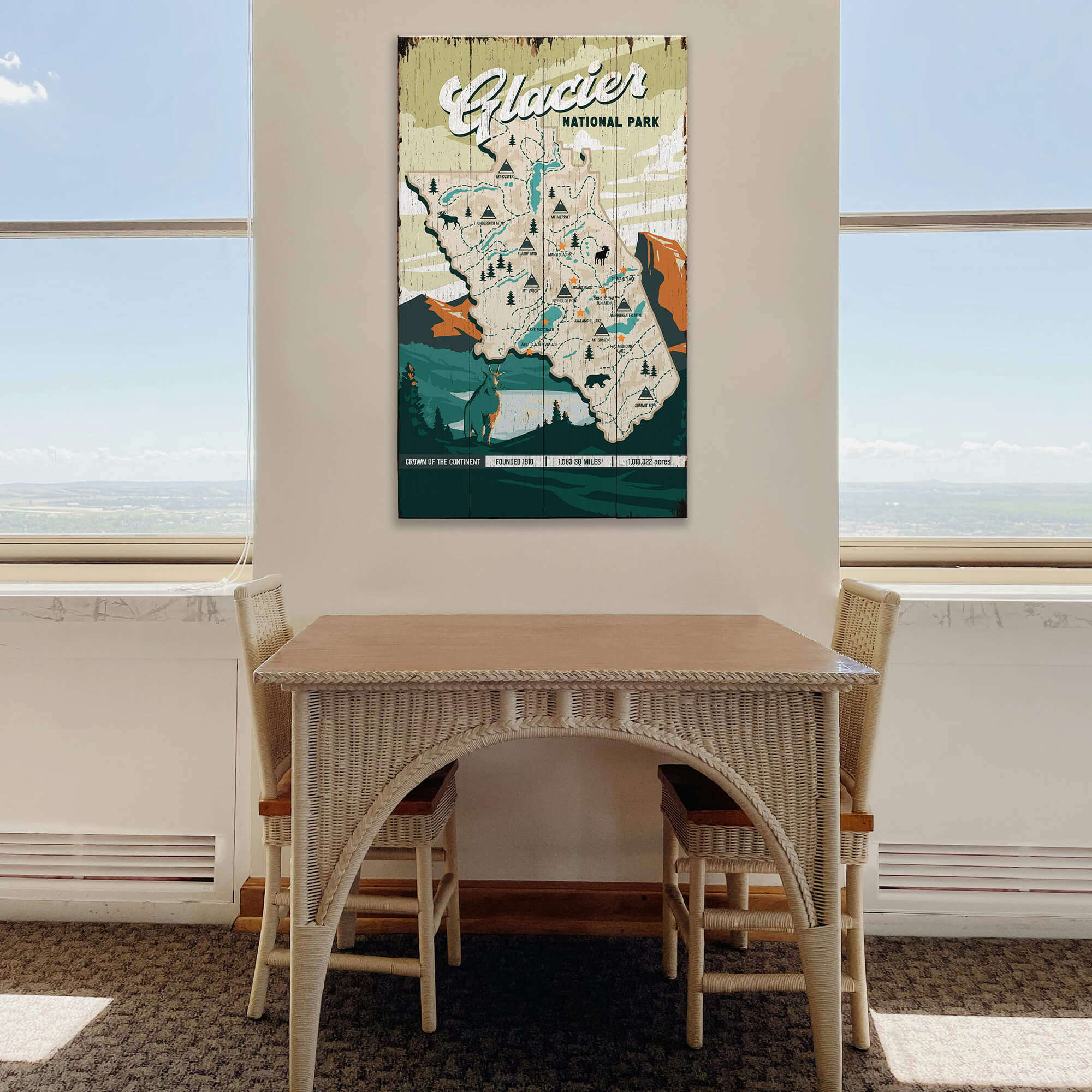 Glacier National Park Illustrated Map: Distressed Finish - Wood & Metal Wall Art