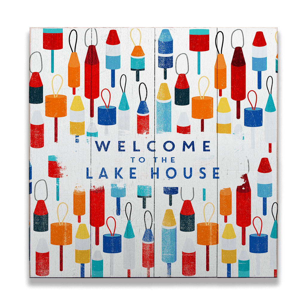 Lake House Buoy Welcome: Square - Wood & Metal Wall Art
