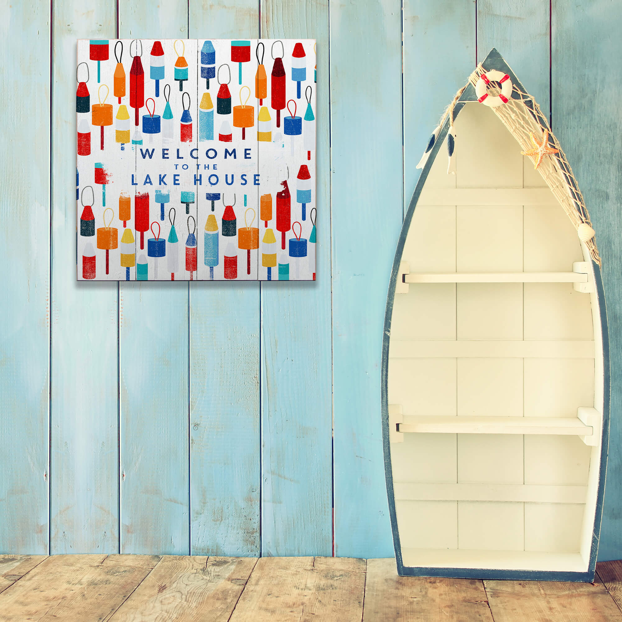 Lake House Buoy Welcome: Square - Wood & Metal Wall Art