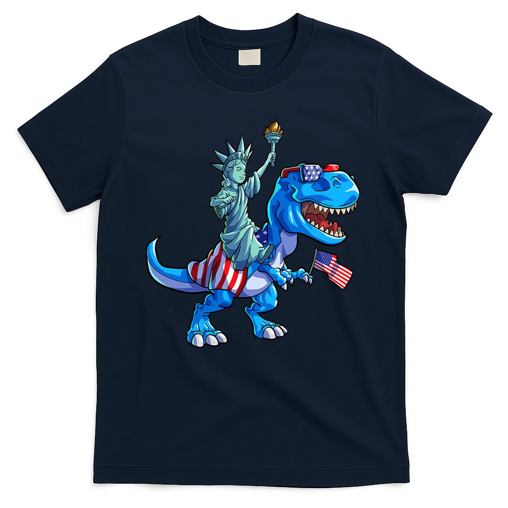 Dino Statue Of Liberty 4th Of July American Flag T-Shirt