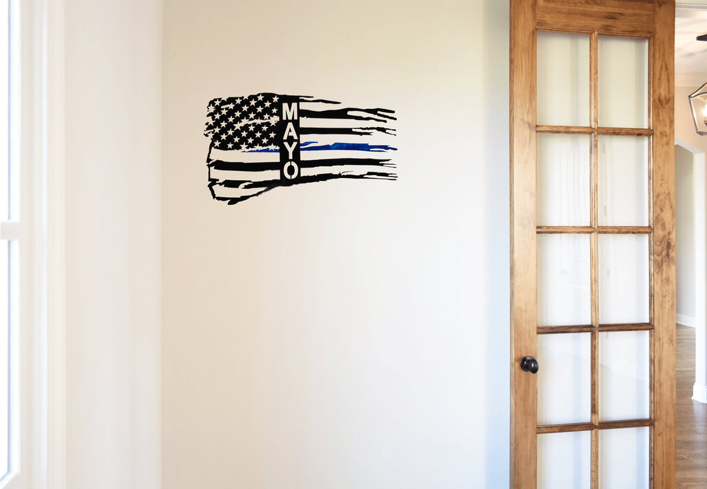Personalized Tattered Thin Blue Line American Flag Custom Metal Wall Art