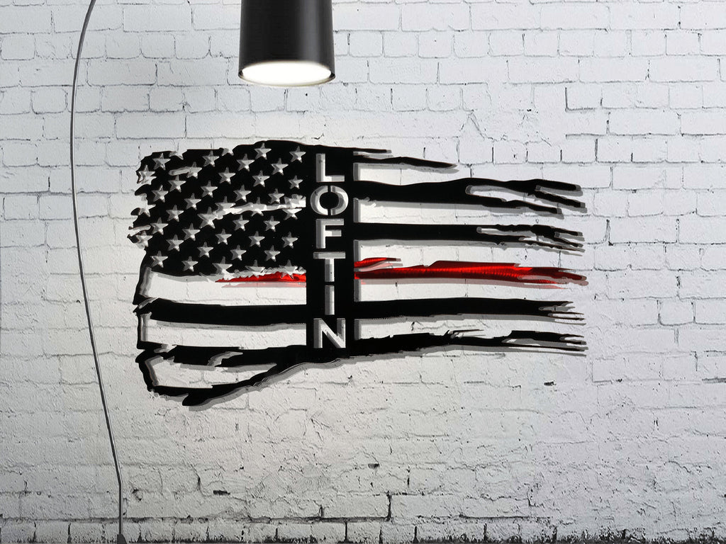 Personalized Tattered Thin Red Line American Flag Custom Metal Wall Art