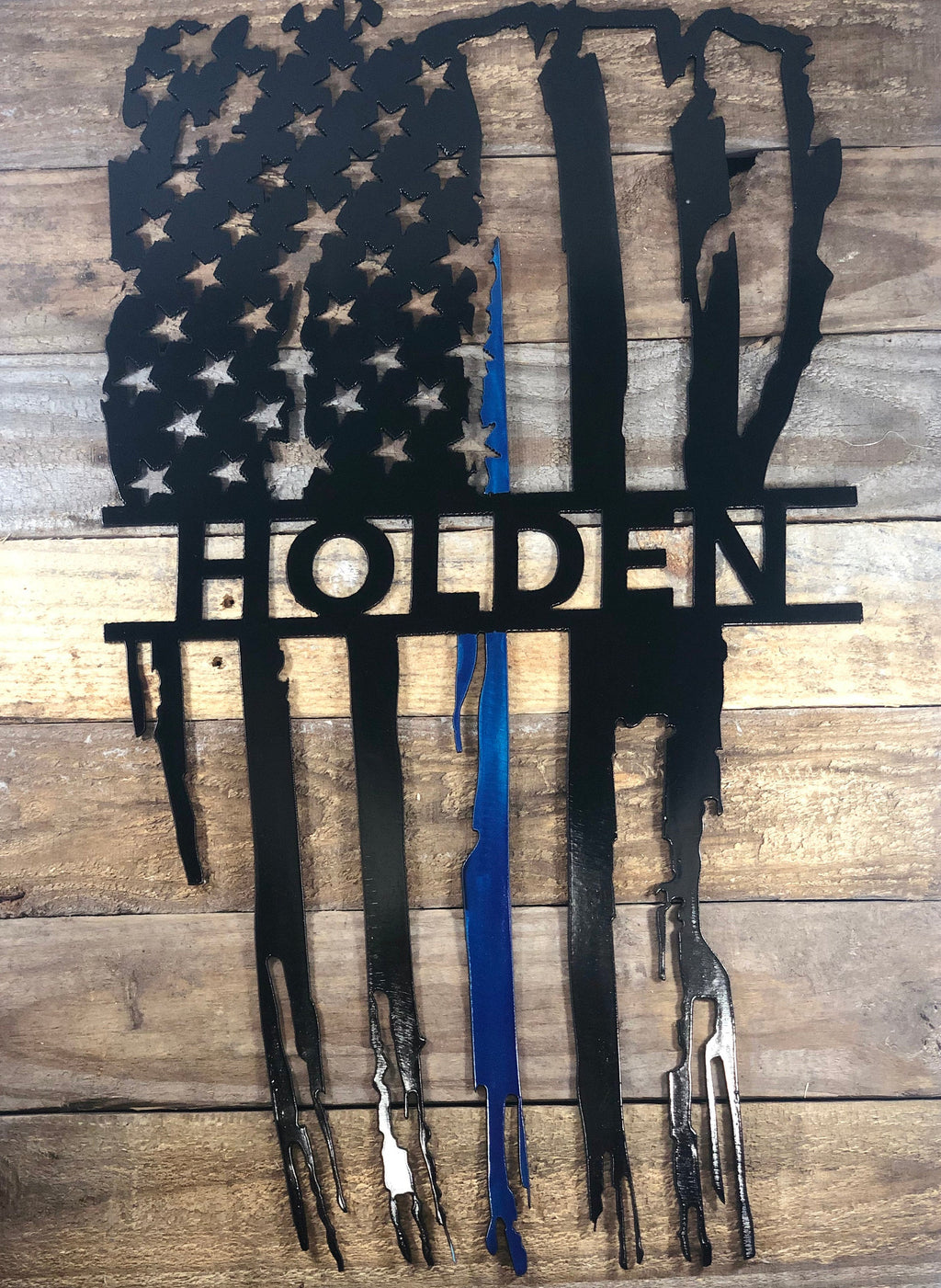 Personalized Vertical Tattered Thin Blue Line American Flag Custom Metal Wall Art