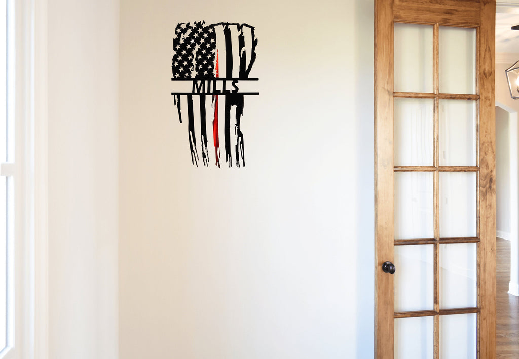 Personalized Vertical Tattered Thin Red Line American Flag Custom Metal Wall Art