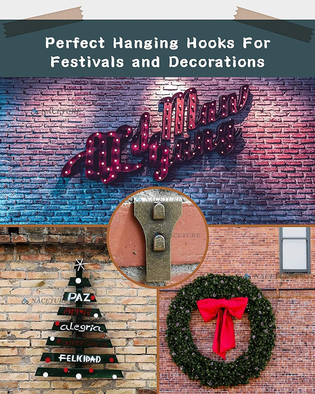 Brick Hook Clips - for Hanging Pictures, Metal Brick Hangers | Brick Fireplace Hooks for hanging decorations with out drilling into brick