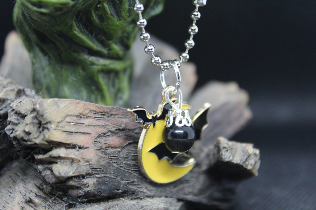 Black Cats Eye Bat Moon Necklace Crystal Witch Witchy Jewelry Witchcraft Wicca Wiccan Pagan Metaphysical