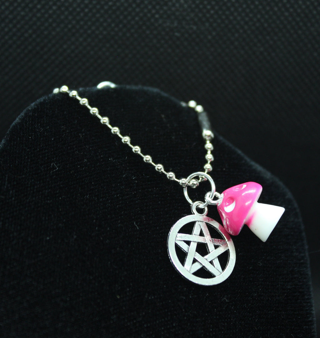 Pink Mushroom Pentacle Necklace Crystal Witch Witchy Jewelry Witchcraft Wicca Wiccan Pagan Metaphysical