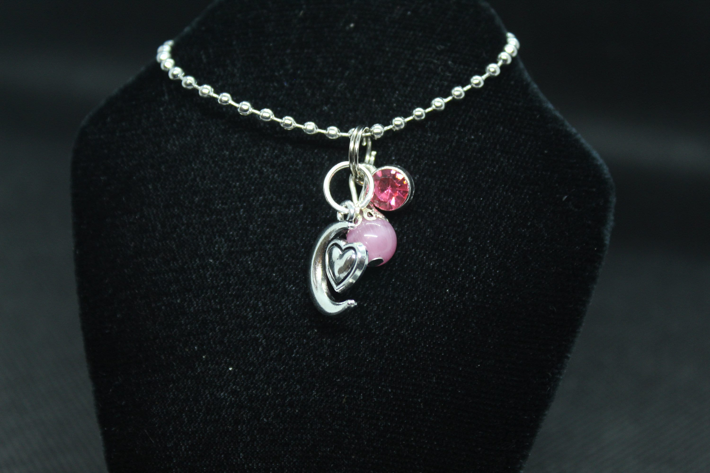 Pink Cat's Eye Heart Moon Necklace Crystal Witch Witchy Jewelry Witchcraft Metaphysical