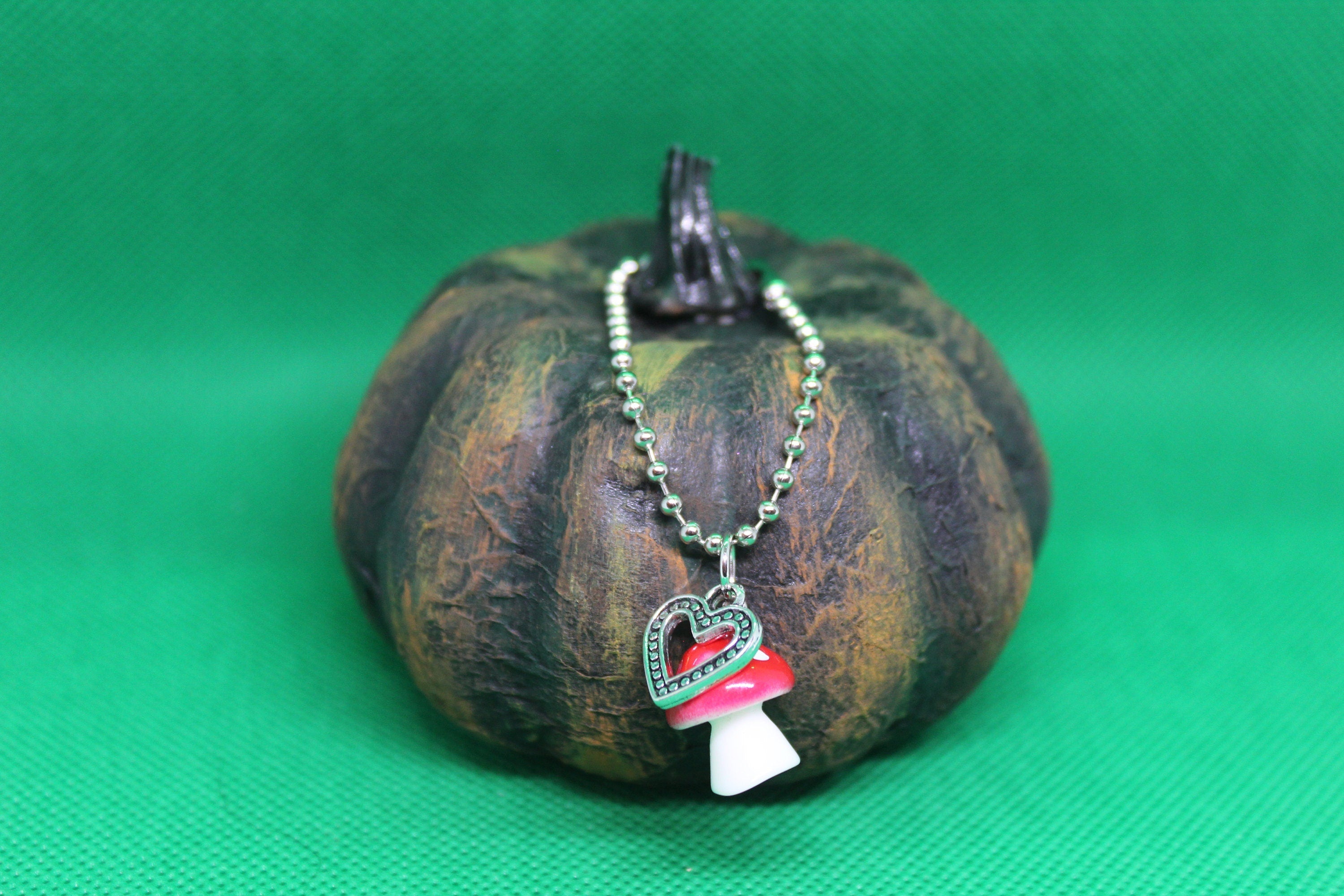 Red Mushroom Heart Keychain Charm Zipper Pull Crystal Witch Witchy Jewelry Witchcraft Metaphysical