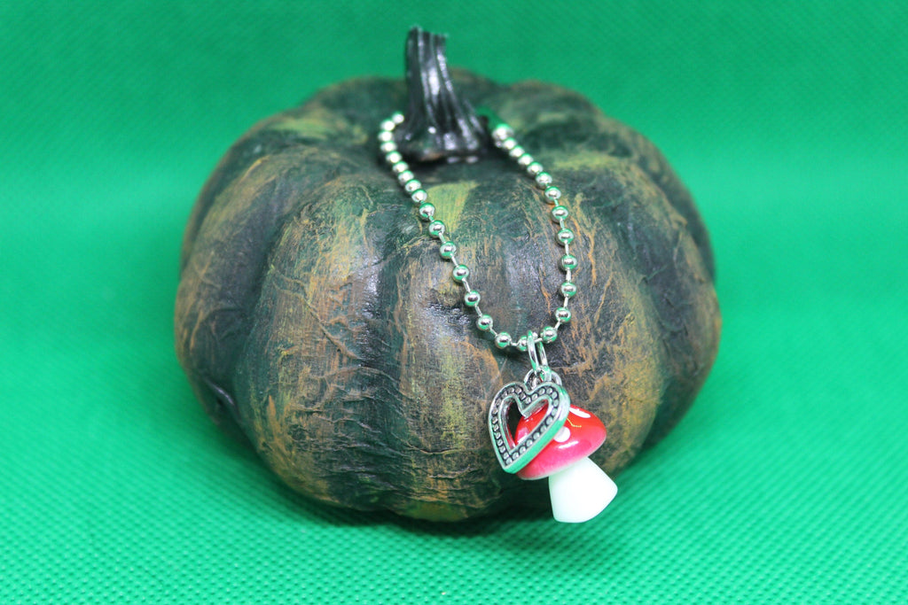 Red Mushroom Heart Keychain Charm Zipper Pull Crystal Witch Witchy Jewelry Witchcraft Metaphysical