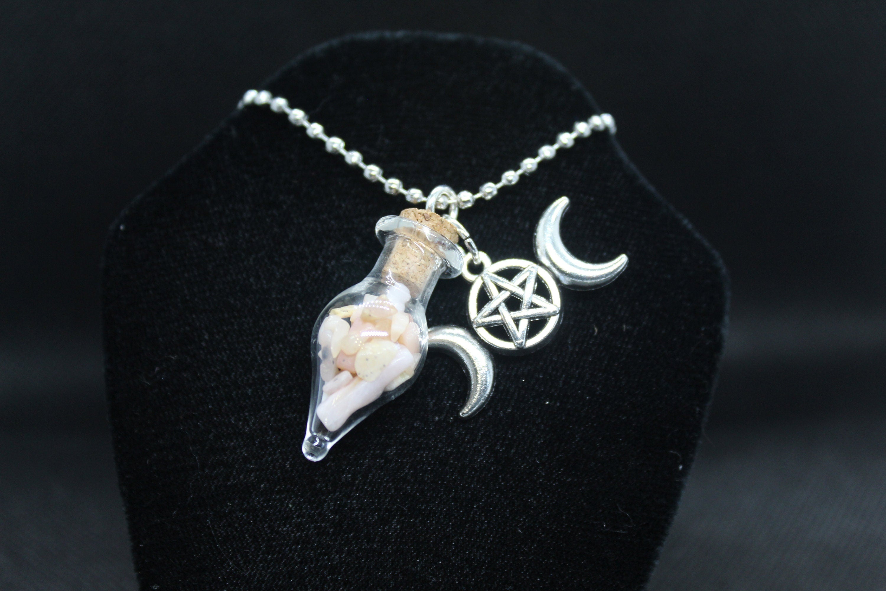 Pink Opal Glass Teardrop Triple Moon Necklace Crystal Witch Witchy Jewelry Witchcraft Wicca Wiccan Pagan Metaphysical