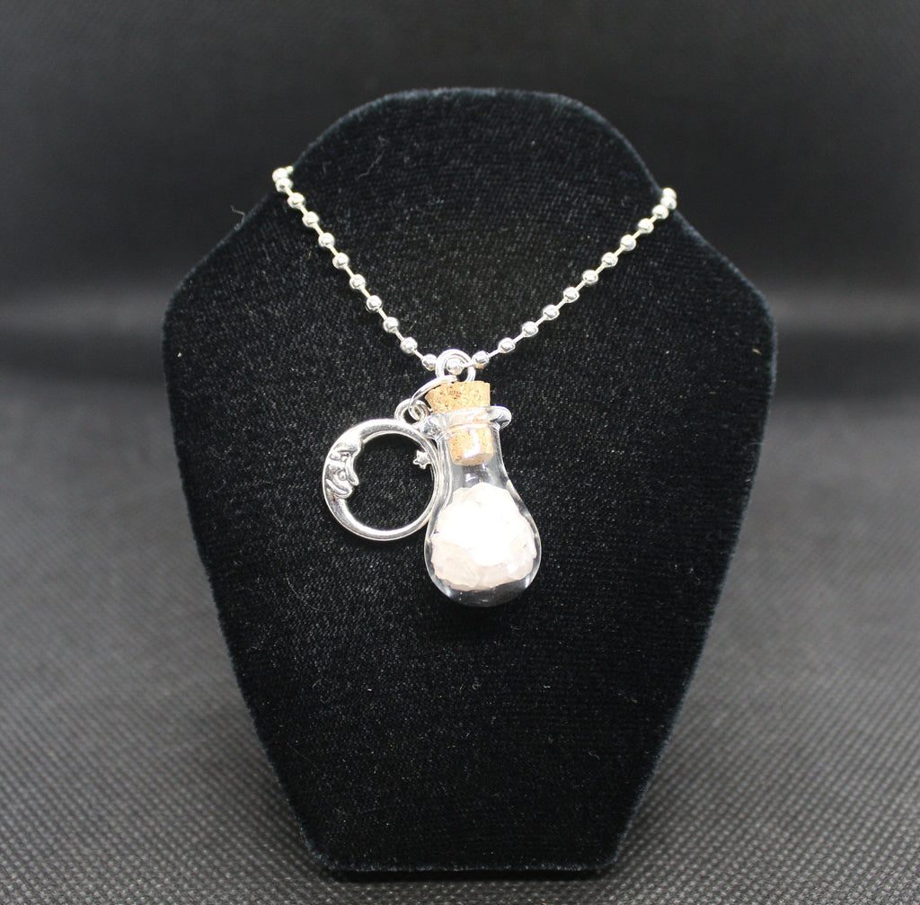 Rose Quartz Glass Potion Bottle Moon Necklace Crystal Witch Witchy Jewelry Witchcraft Wicca Wiccan Pagan Metaphysical