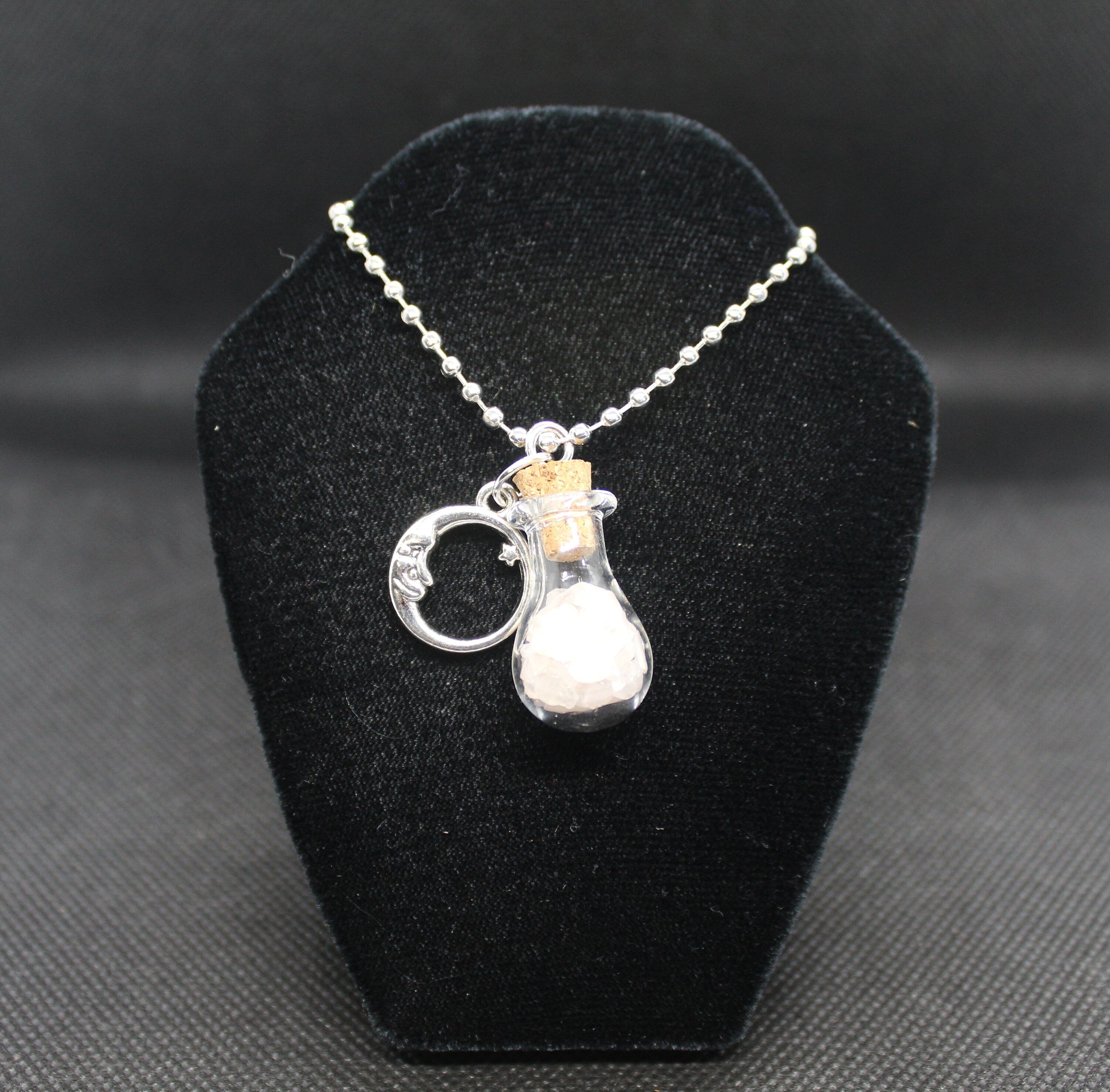 Rose Quartz Glass Potion Bottle Moon Necklace Crystal Witch Witchy Jewelry Witchcraft Wicca Wiccan Pagan Metaphysical