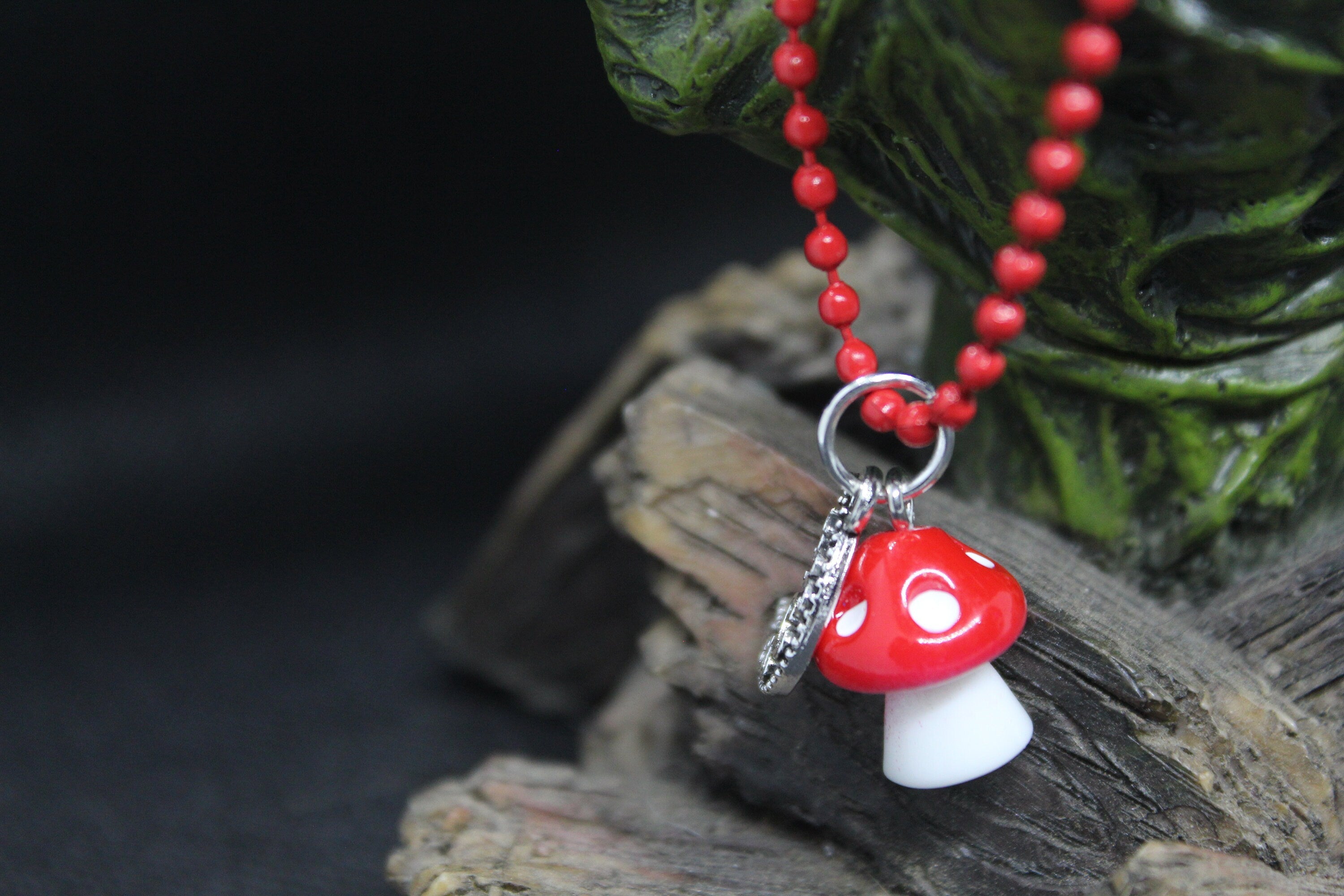 Red Mushroom Moon Keychain Charm Zipper Pull Crystal Witch Witchy Jewelry Witchcraft Metaphysical