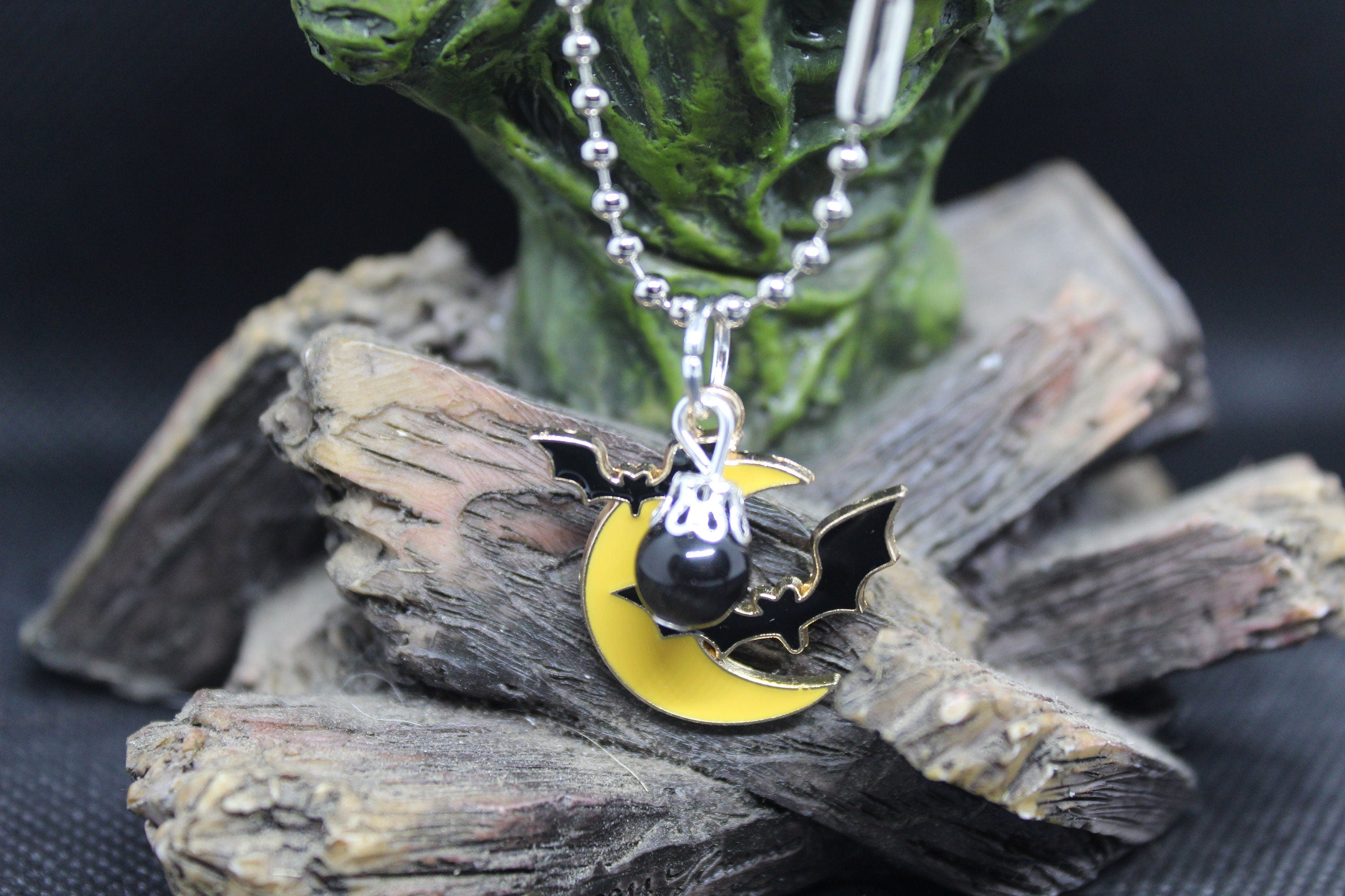 Black Cats Eye Bat Moon Necklace Crystal Witch Witchy Jewelry Witchcraft Wicca Wiccan Pagan Metaphysical