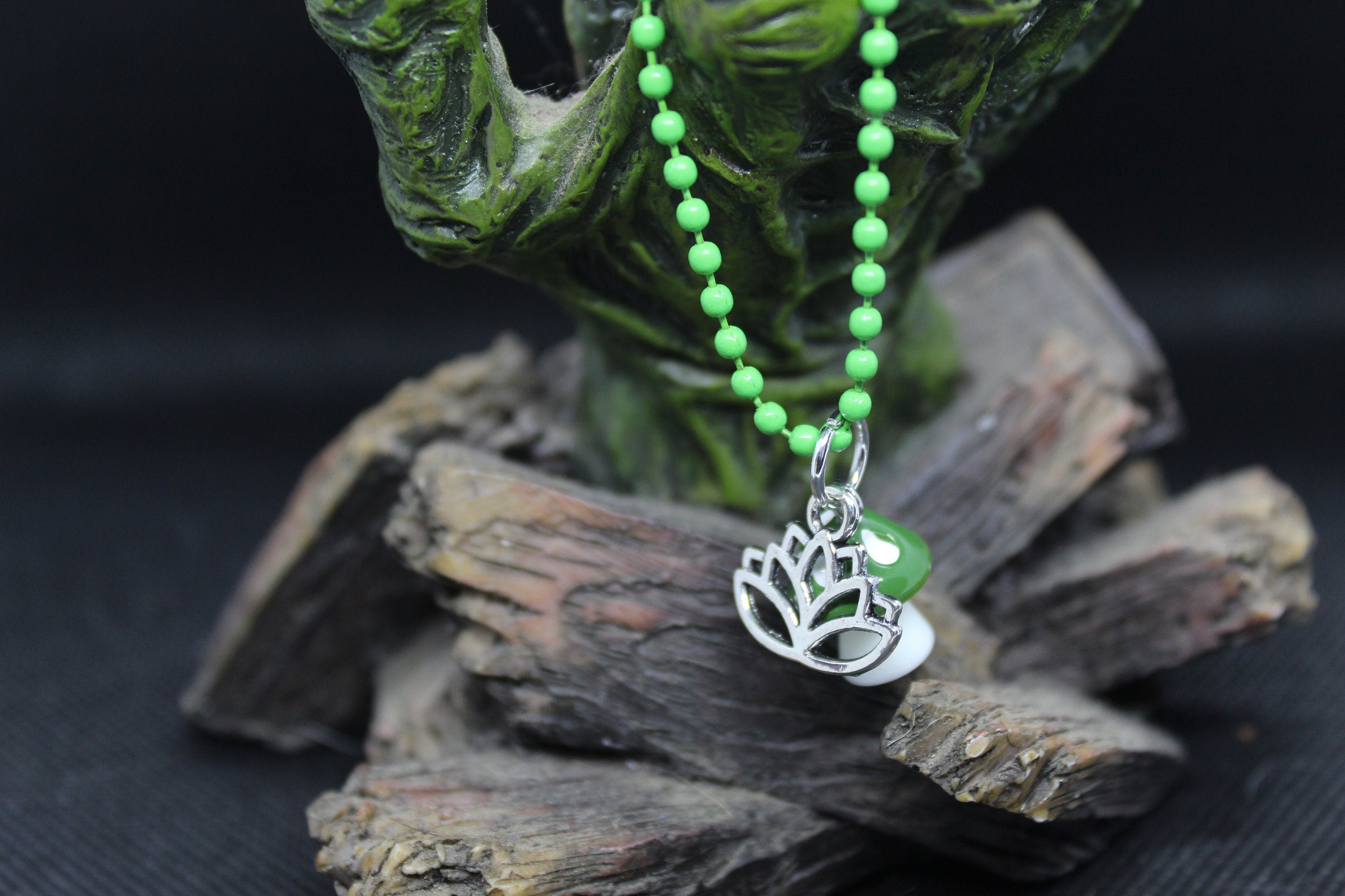 Green Mushroom Lotus Keychain Charm Zipper Pull Crystal Witch Witchy Jewelry Witchcraft Metaphysical