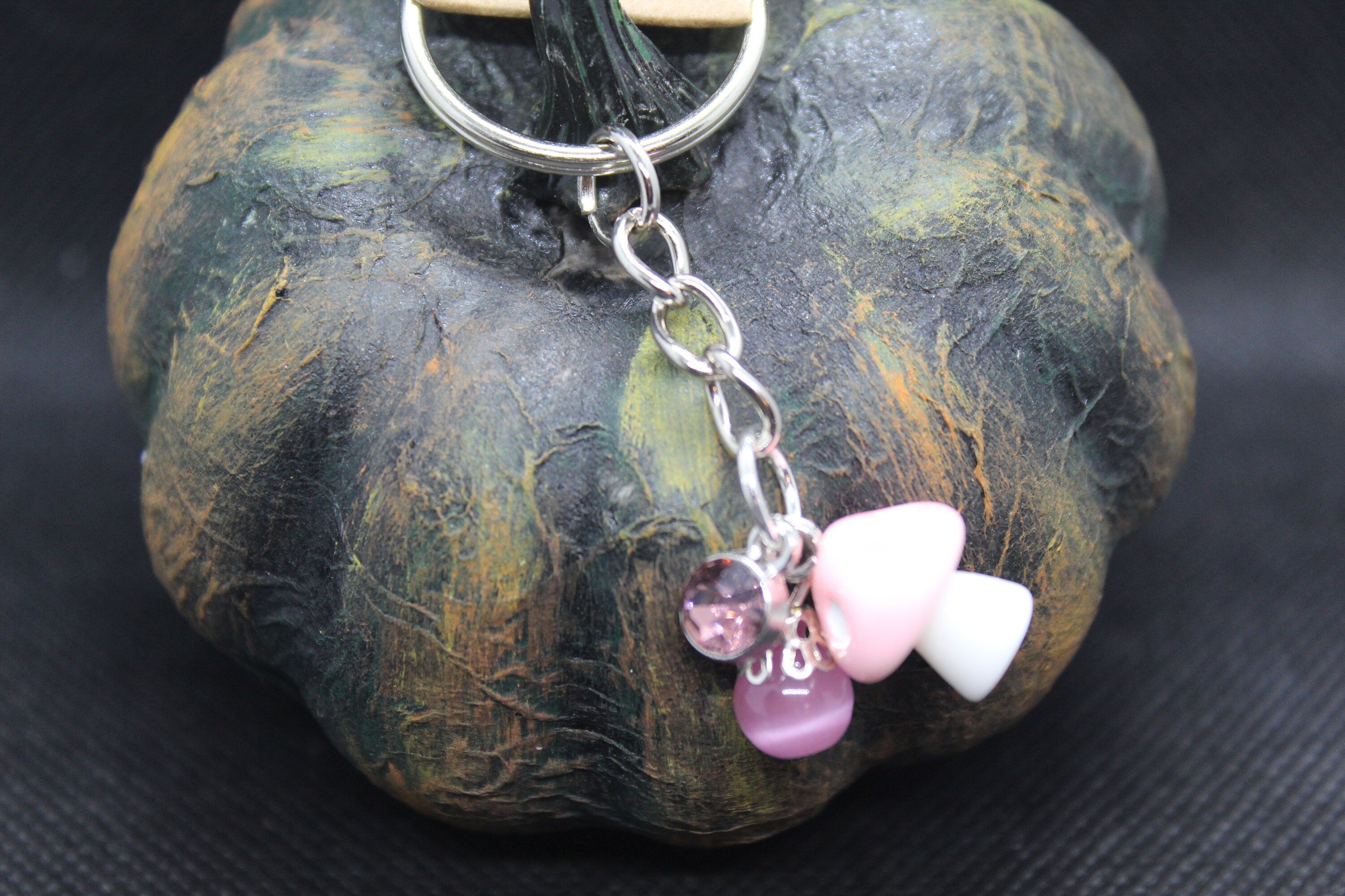 Pink Mushroom Keychain Charm Zipper Pull Crystal Witch Witchy Jewelry Witchcraft Metaphysical