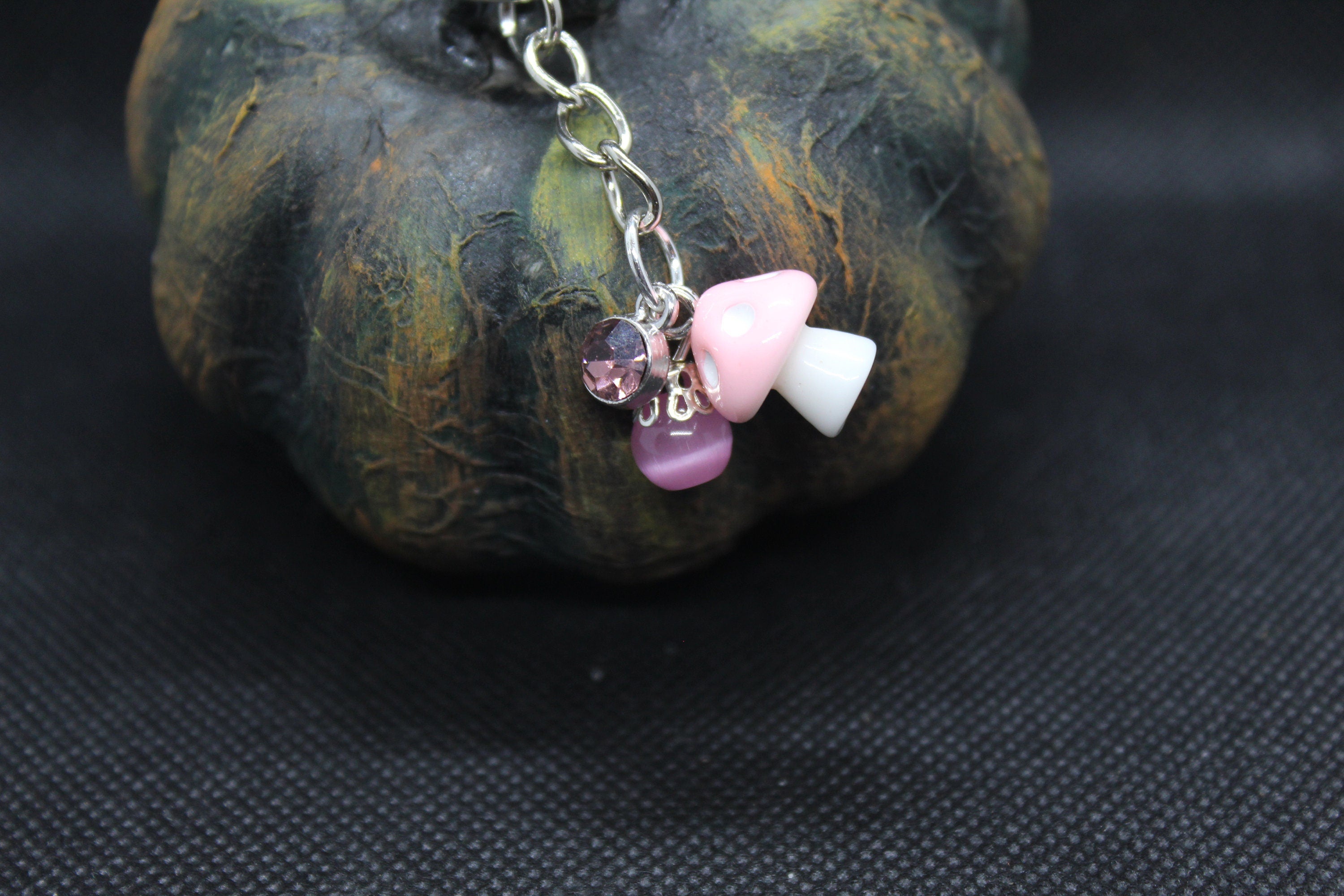 Pink Mushroom Keychain Charm Zipper Pull Crystal Witch Witchy Jewelry Witchcraft Metaphysical