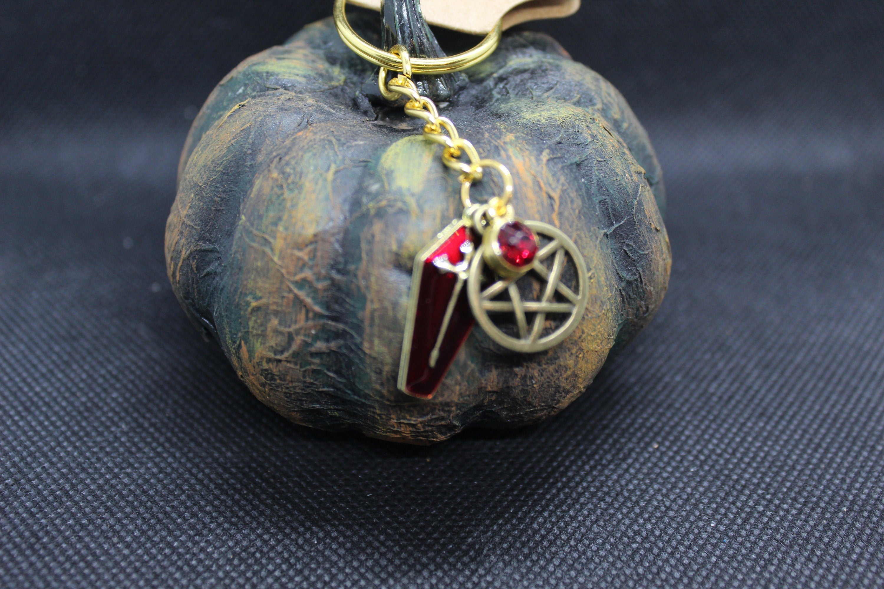 Gold Red Casket Pentacle Keychain Charm Zipper Pull Crystal Witch Witchy Jewelry Witchcraft