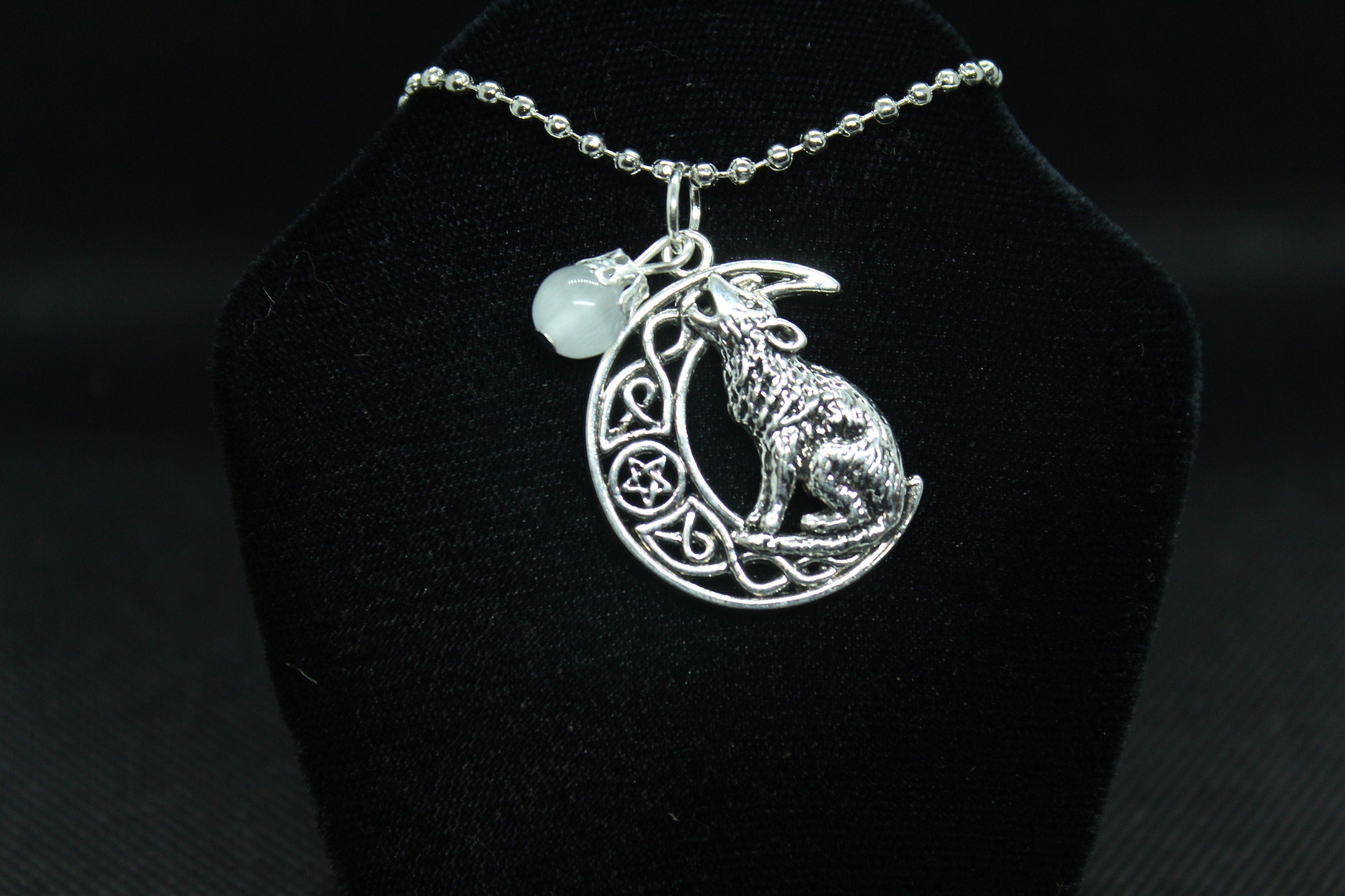 White Moon Howling Wolf Necklace Crystal Witch Witchy Jewelry Witchcraft Wicca Wiccan Pagan Metaphysical