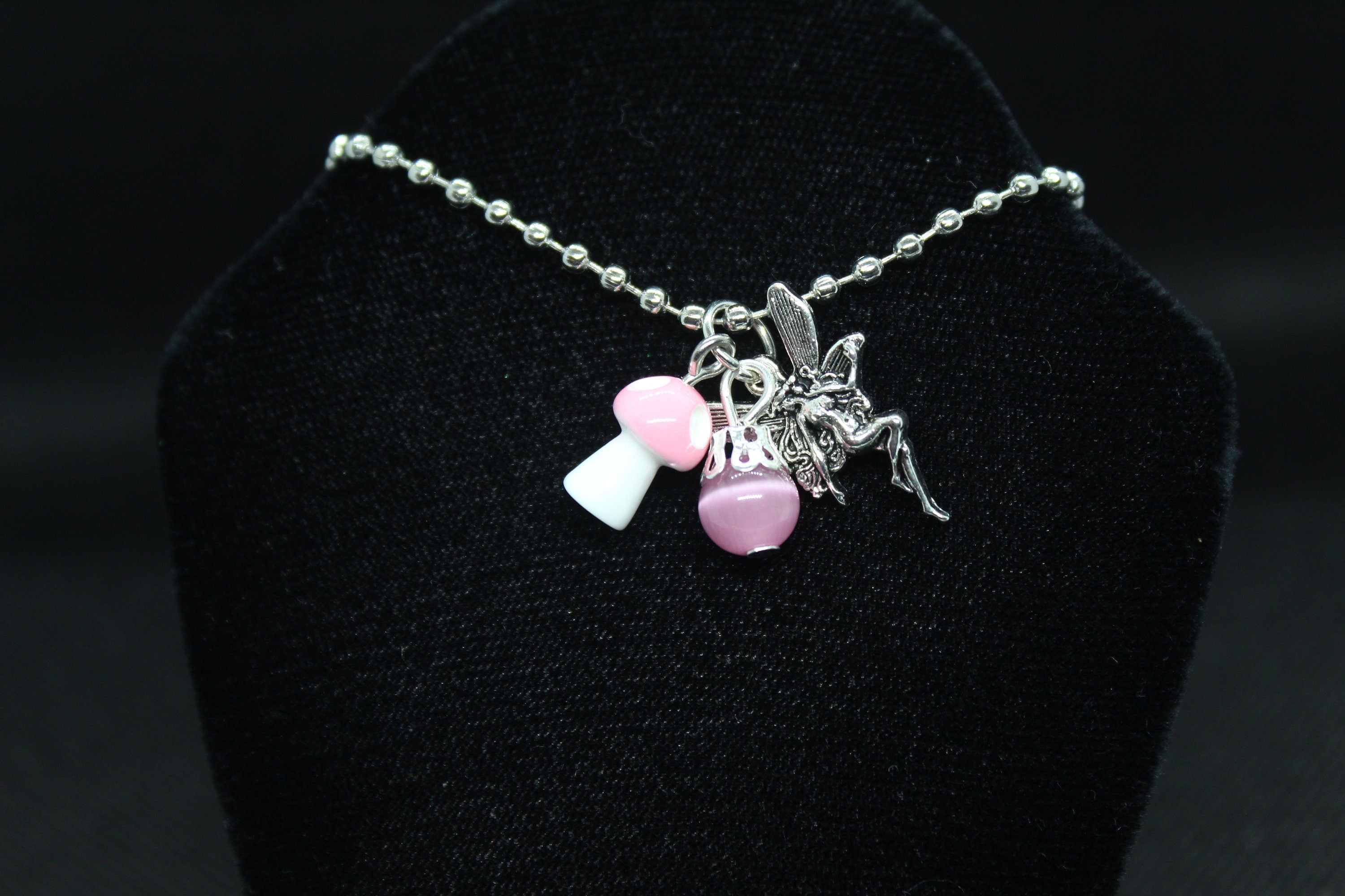 Pink Fairy Mushroom Necklace Crystal Witch Witchy Jewelry Witchcraft Wicca Wiccan Pagan Metaphysical