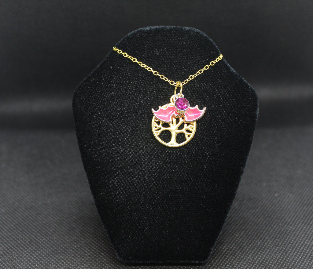 Pink Bat Tree of Life Necklace Crystal Witch Witchy Jewelry Witchcraft Wicca Wiccan Pagan Metaphysical