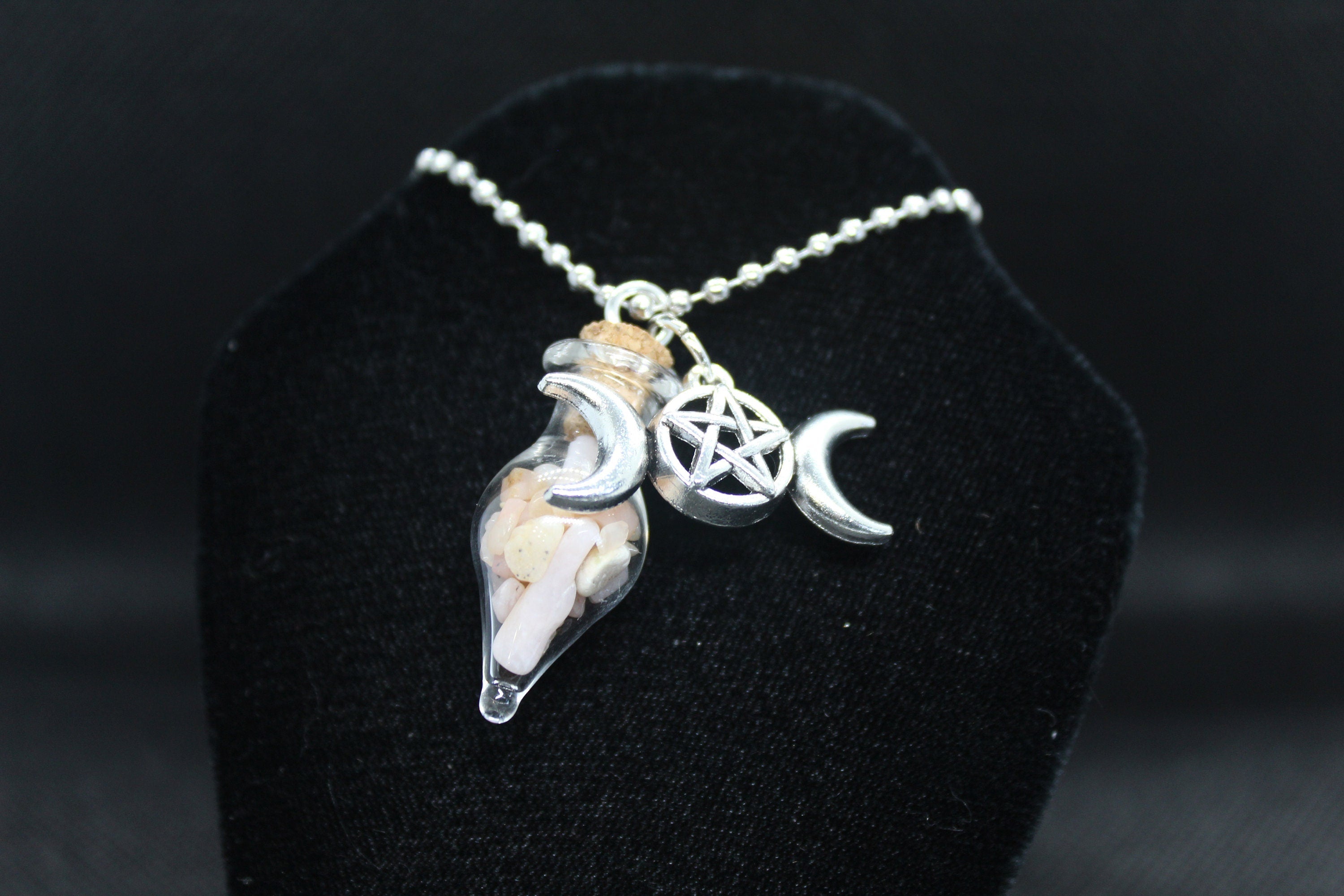 Pink Opal Glass Teardrop Triple Moon Necklace Crystal Witch Witchy Jewelry Witchcraft Wicca Wiccan Pagan Metaphysical