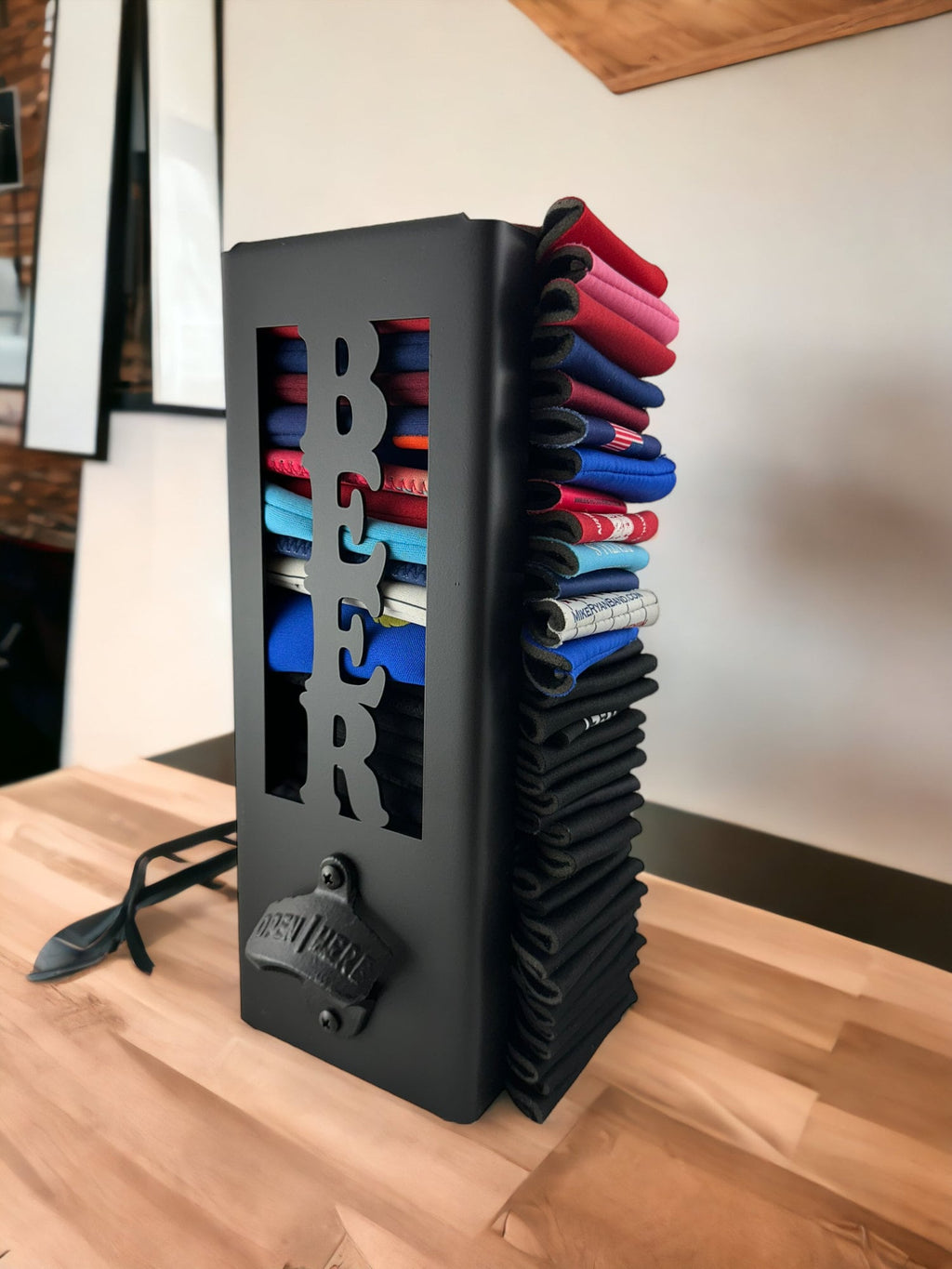 Beer Can Kooler Holder - Metal Wall Mount with Bottle Opener