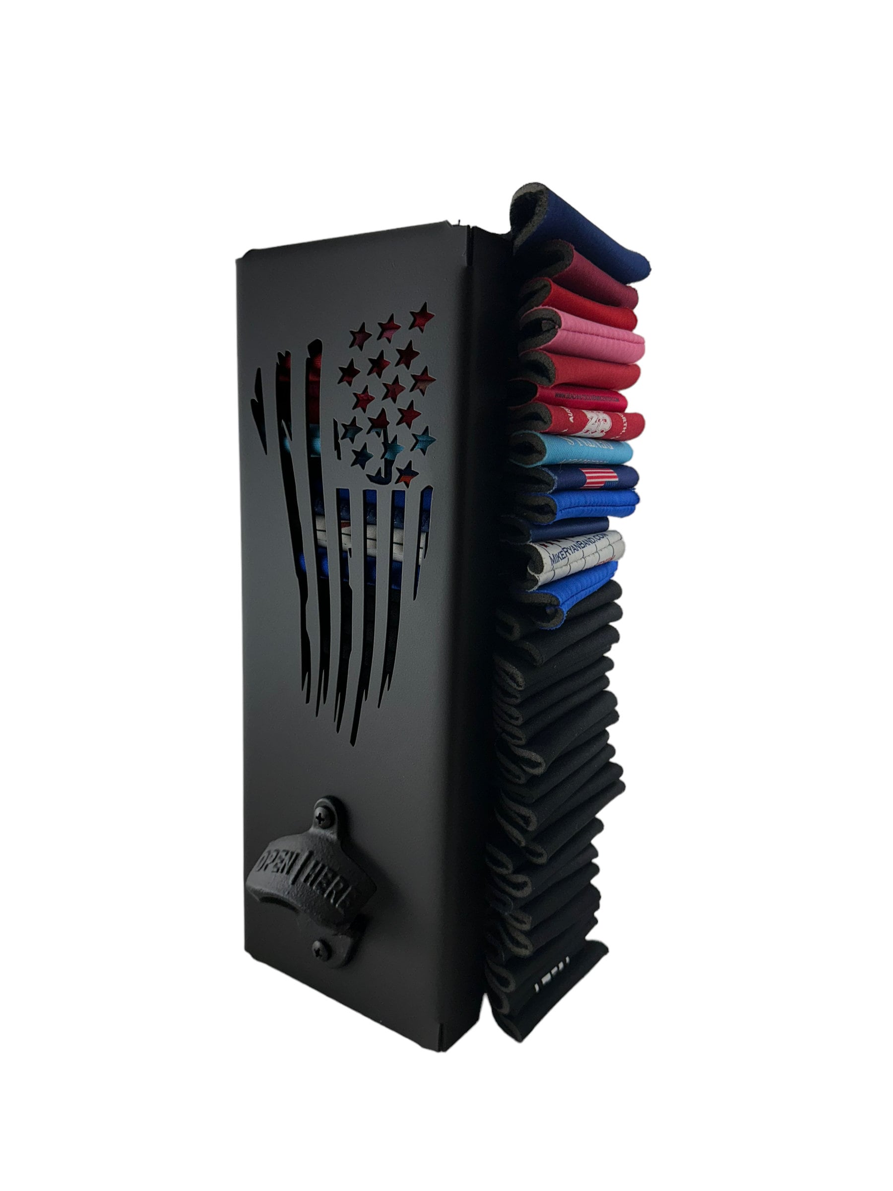 Tattered Flag / Customized Name 2 Sided Design Can Kooler Holder with Bottle Opener