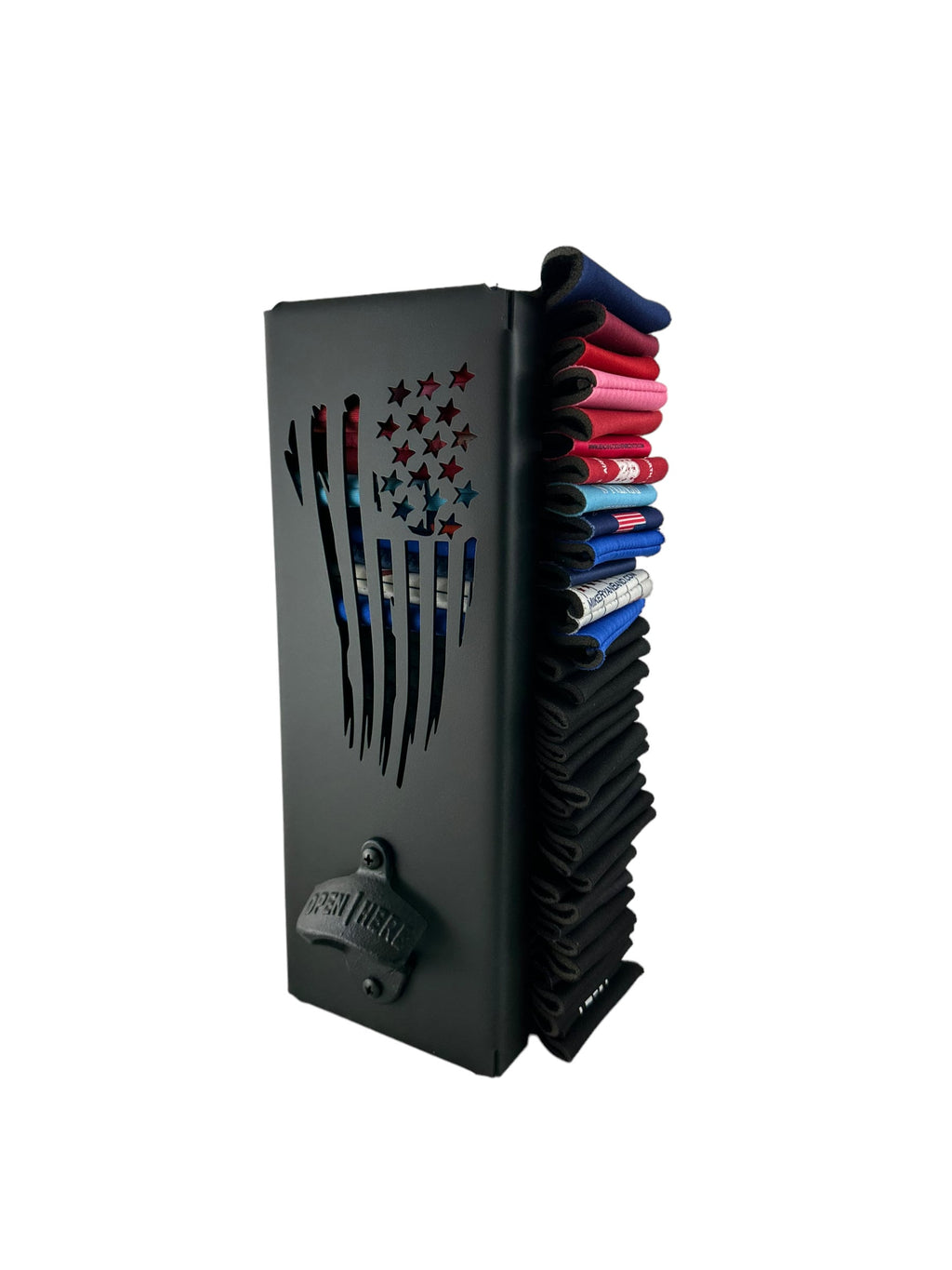 Tattered Flag / Customized Name 2 Sided Design Can Kooler Holder with Bottle Opener