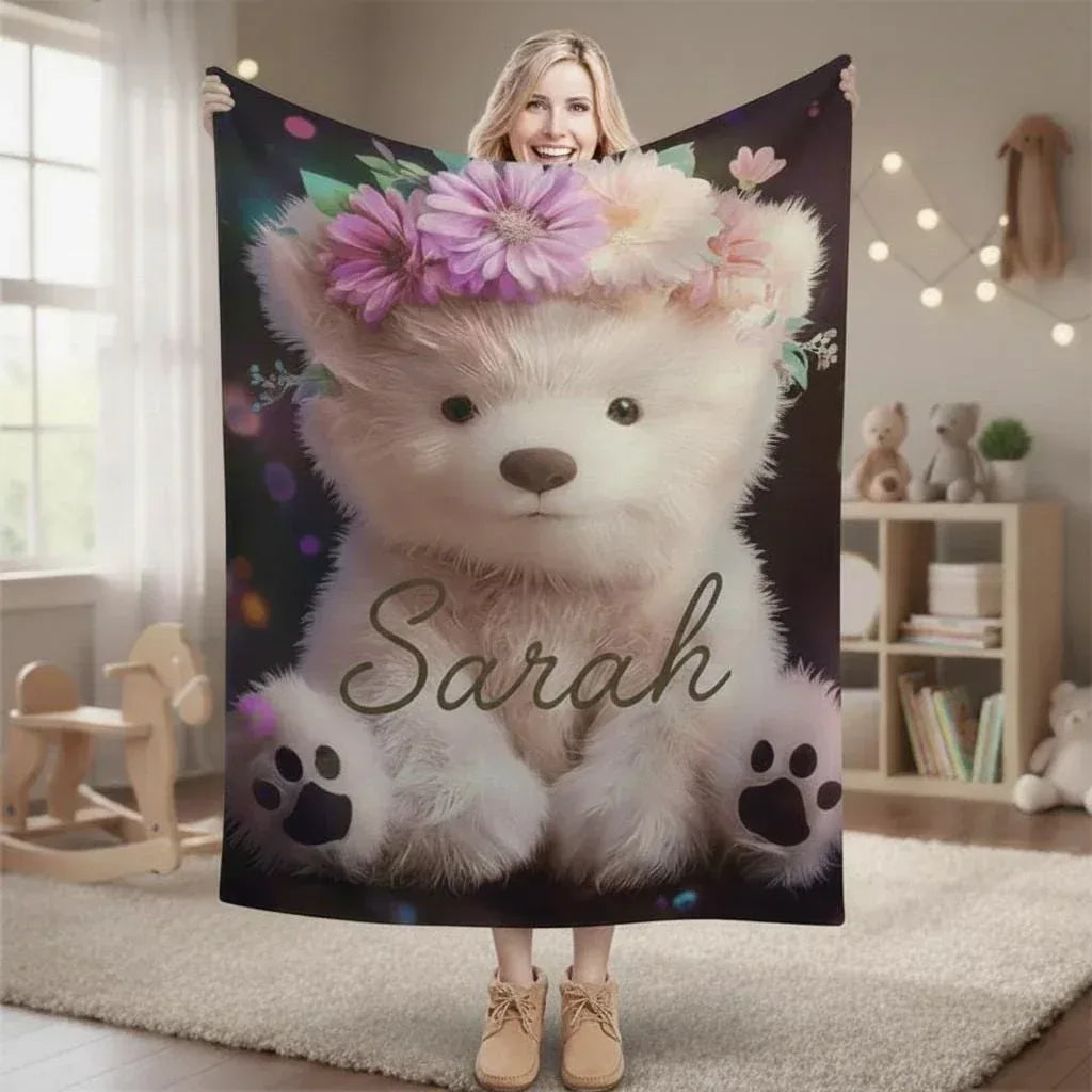 Personalized Teddy Bear Plush Blanket: Floral Crown, Soft Flannel Fleece Throw, Custom Name Gift