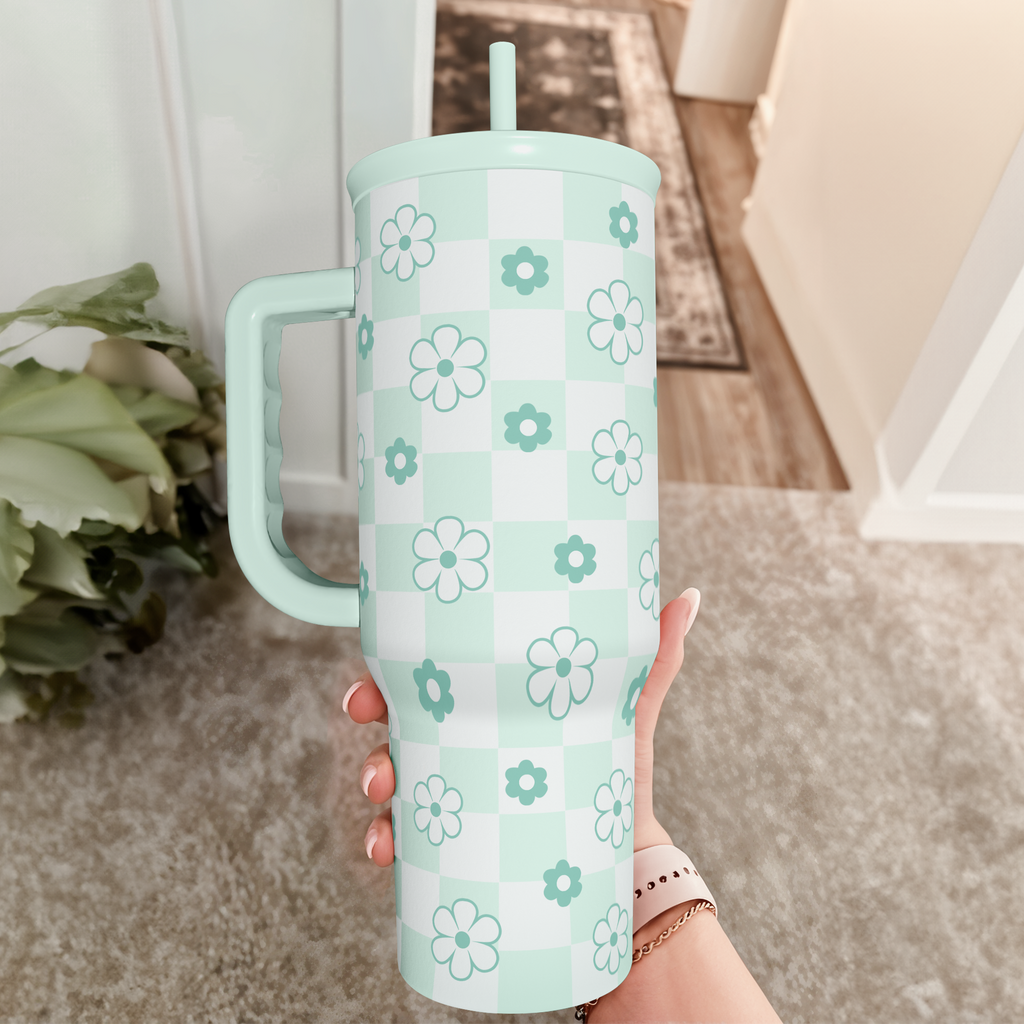 Mint Checker Daisy Slidemate | Slider Tumbler with Handle 40oz