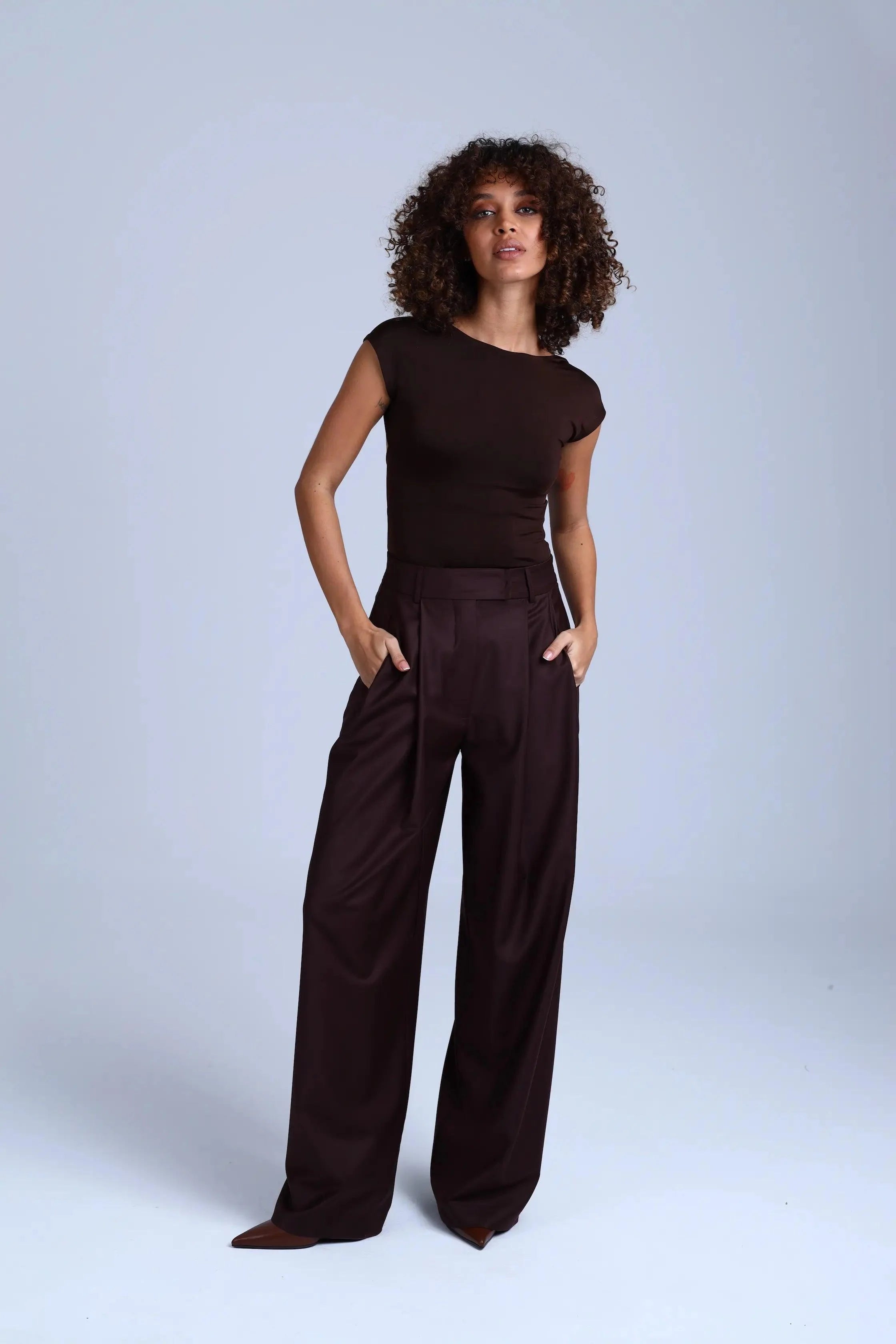 Brown Virgin Wool Pants Monica Wide-Leg in Dark Coffee