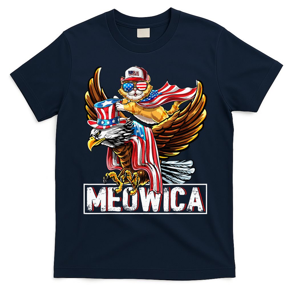 Meowica Cat Bald Eagle 4th Of July Patriotic American Flag T-Shirt