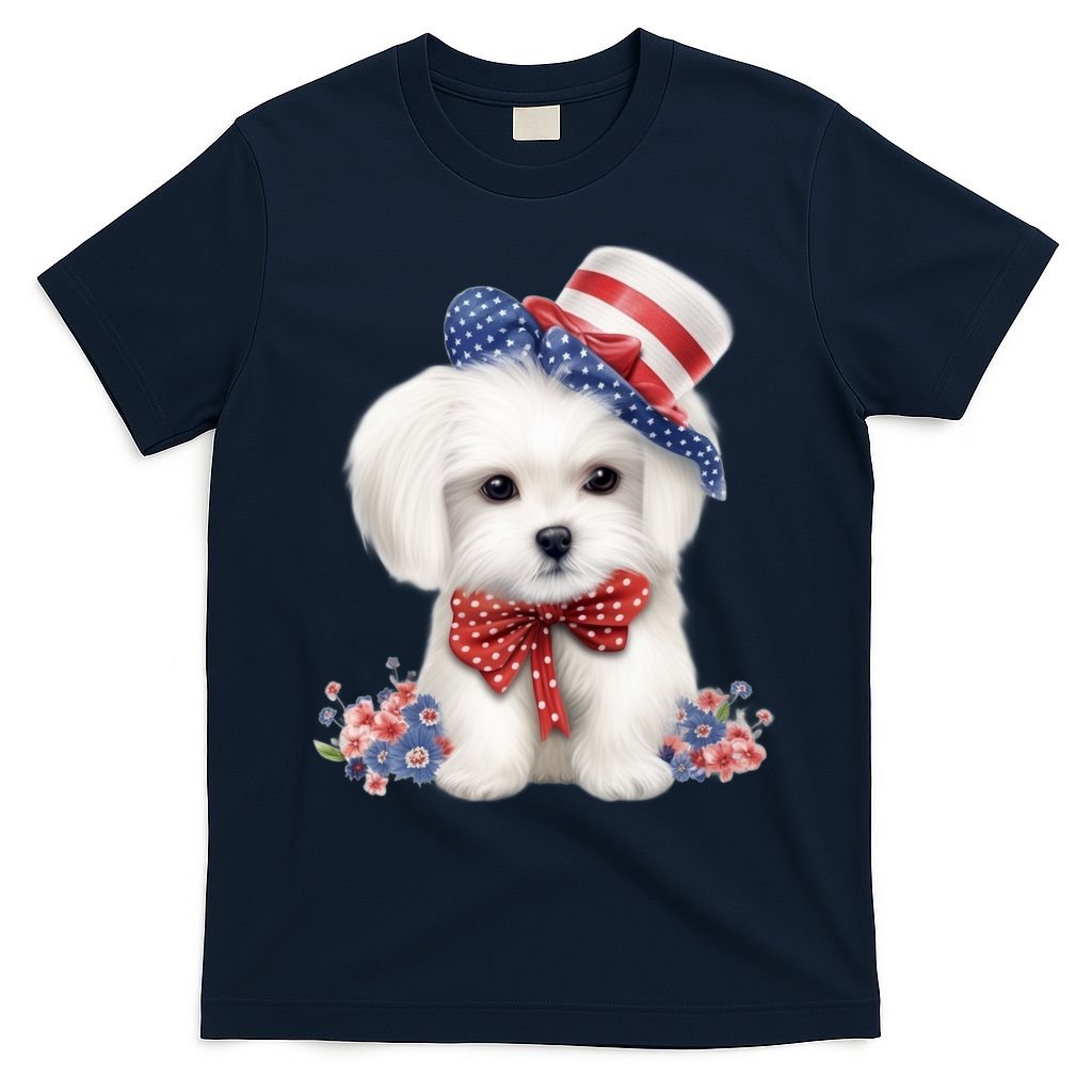 Maltese Dog Puppy USA Flag American Dogs Patriotic 4th Of July T-Shirt