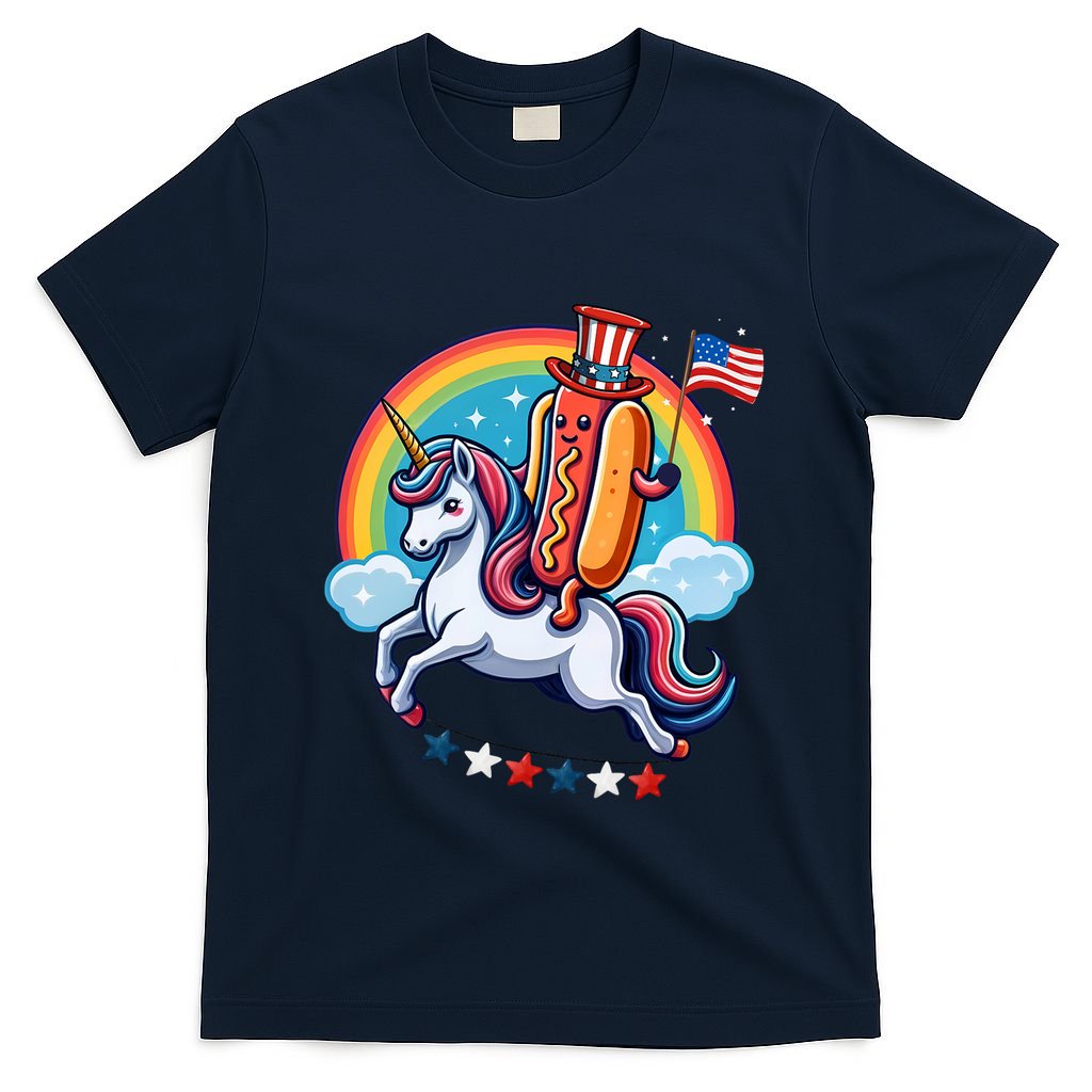 Patriotic Hotdog Riding Unicorn 4th Of July American Flag T-Shirt