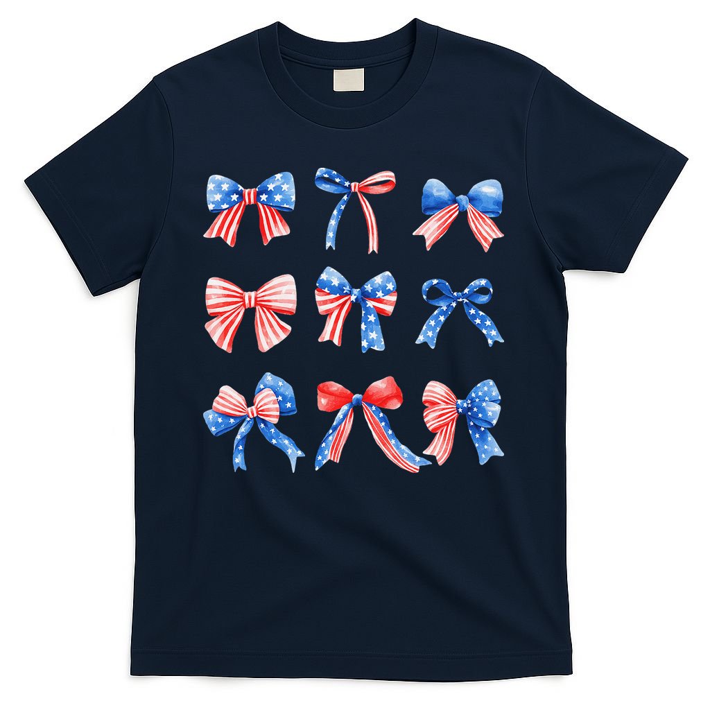 Retro American Flag Coquette Bow Patriotic 4th July Women T-Shirt