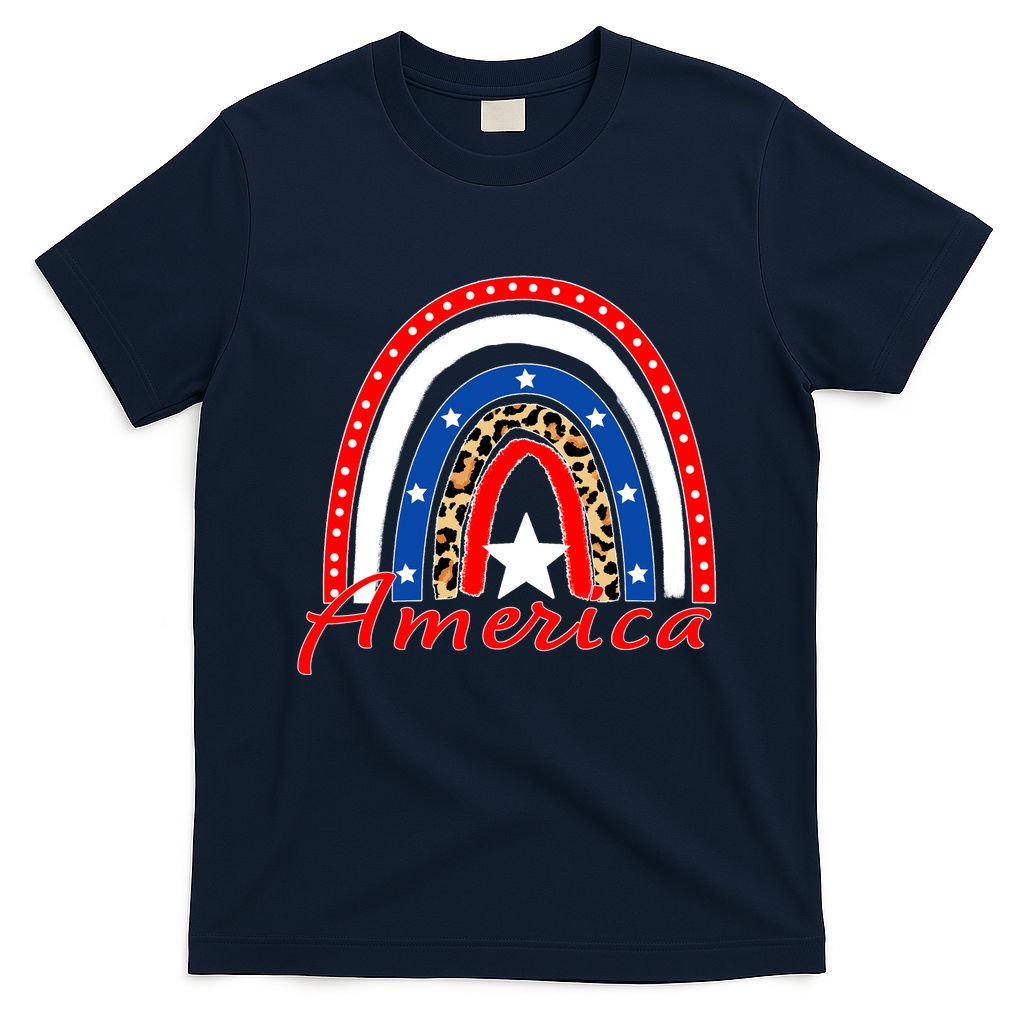 Rainbow Leopard American Flag 4th of July T-Shirt