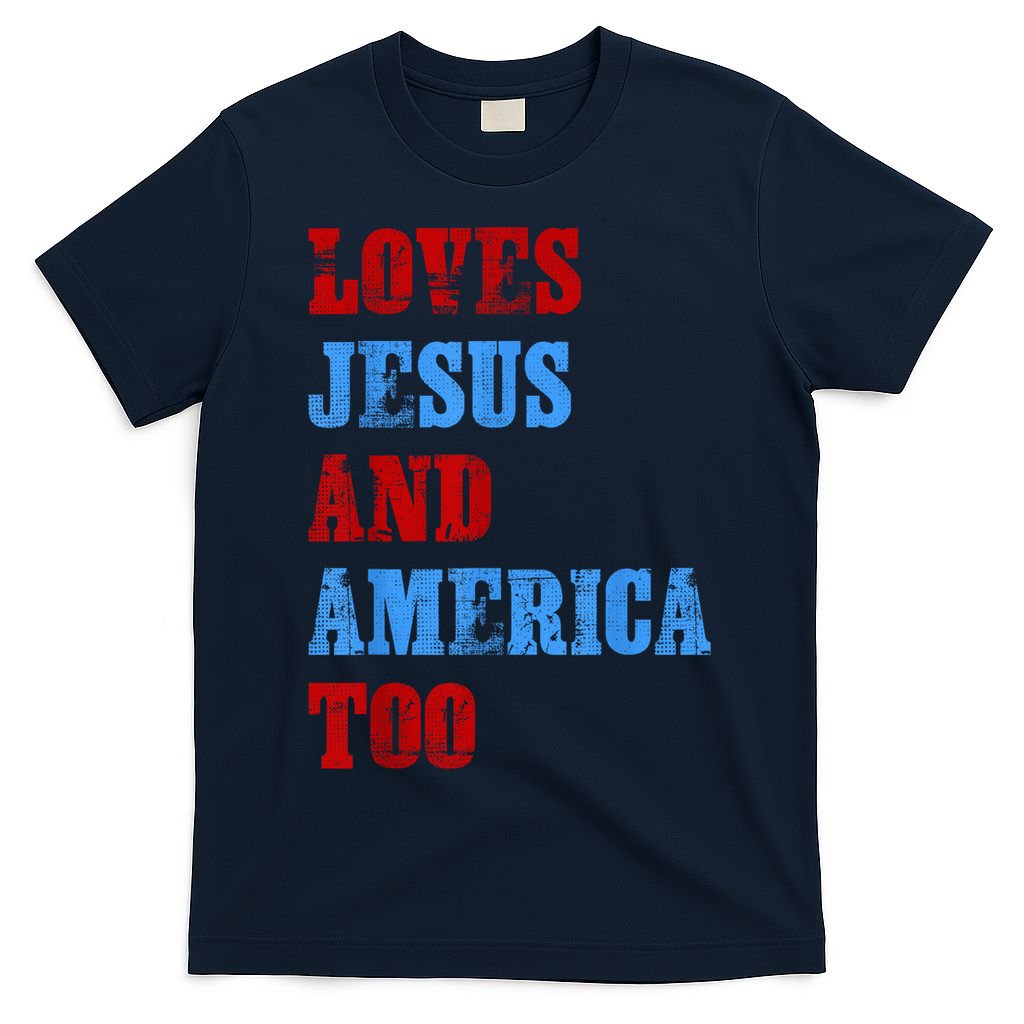 Retro Loves Jesus and America Too God Christian 4th of July T-Shirt