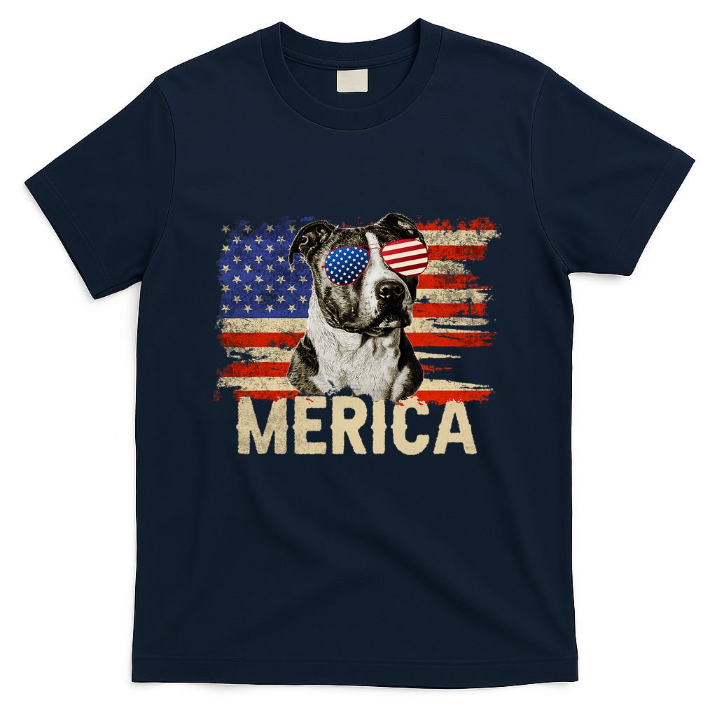 Vintage Merica Pitbull 4th Of July USA Patriotic Sunglasses T-Shirt